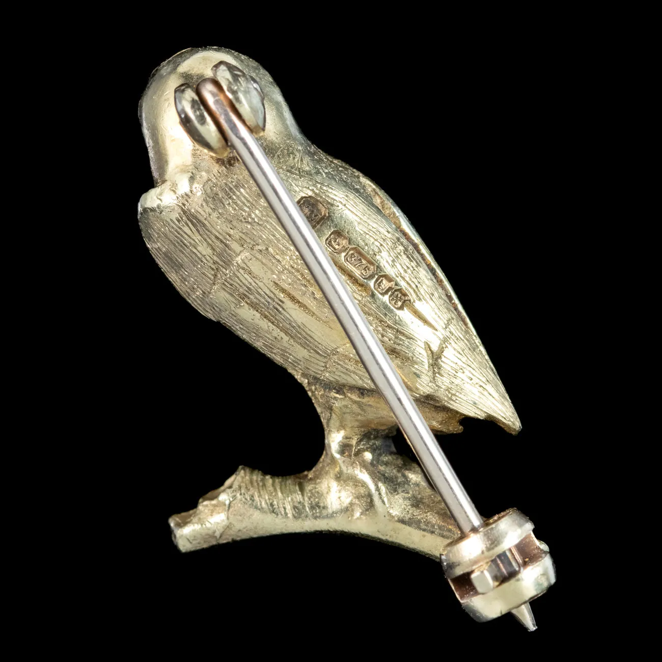 Vintage Owl Brooch 9ct Gold Diamond Eyes