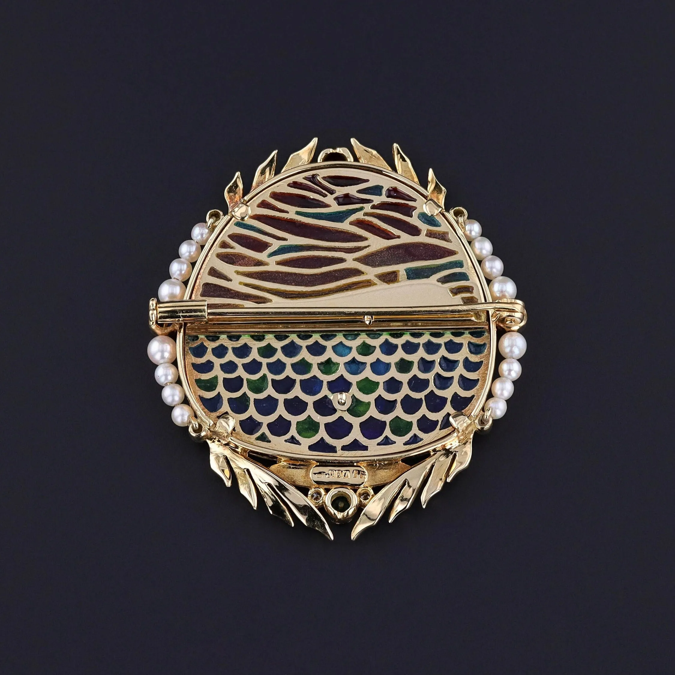 Vintage Plique a Jour Sailboat Brooch of 18k Gold