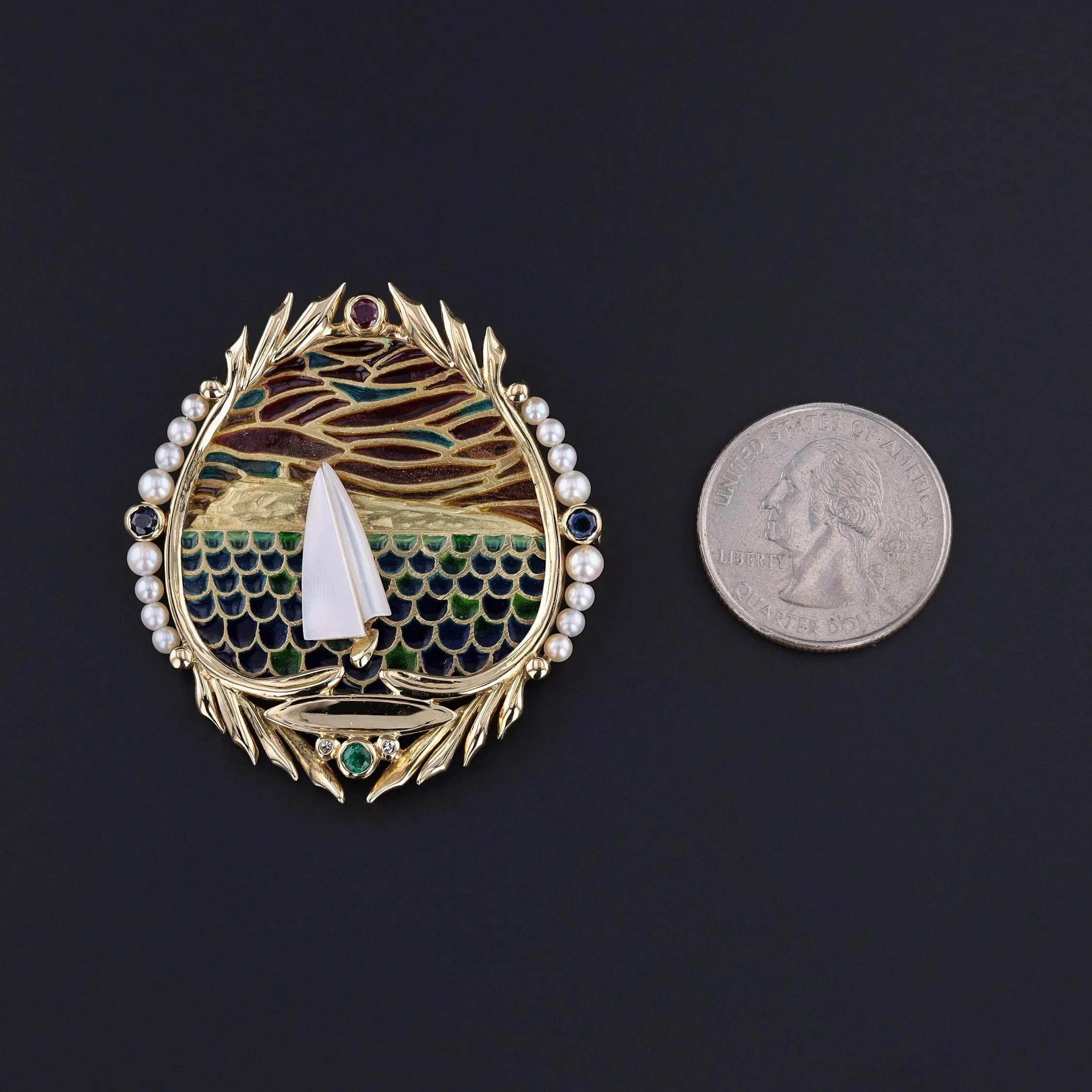 Vintage Plique a Jour Sailboat Brooch of 18k Gold