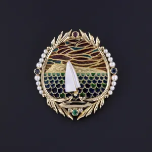 Vintage Plique a Jour Sailboat Brooch of 18k Gold