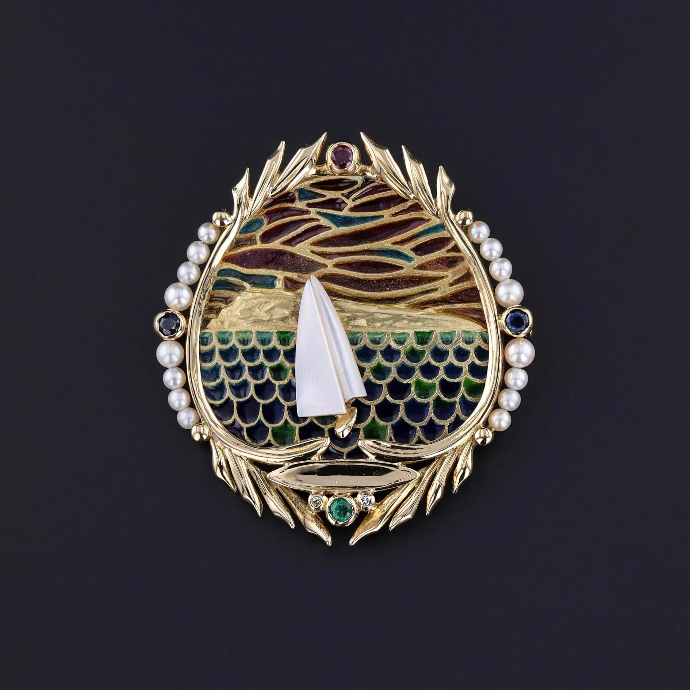 Vintage Plique a Jour Sailboat Brooch of 18k Gold