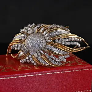 Vintage Retro 14K Yellow Gold and Platinum Diamond Floral Pin Brooch