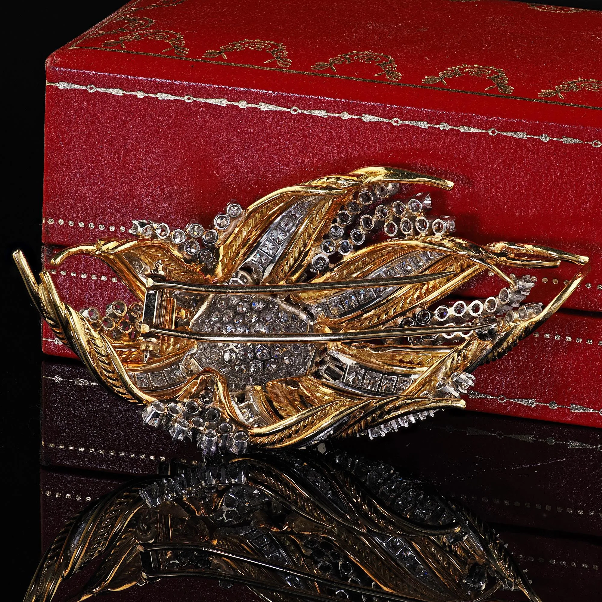 Vintage Retro 14K Yellow Gold and Platinum Diamond Floral Pin Brooch