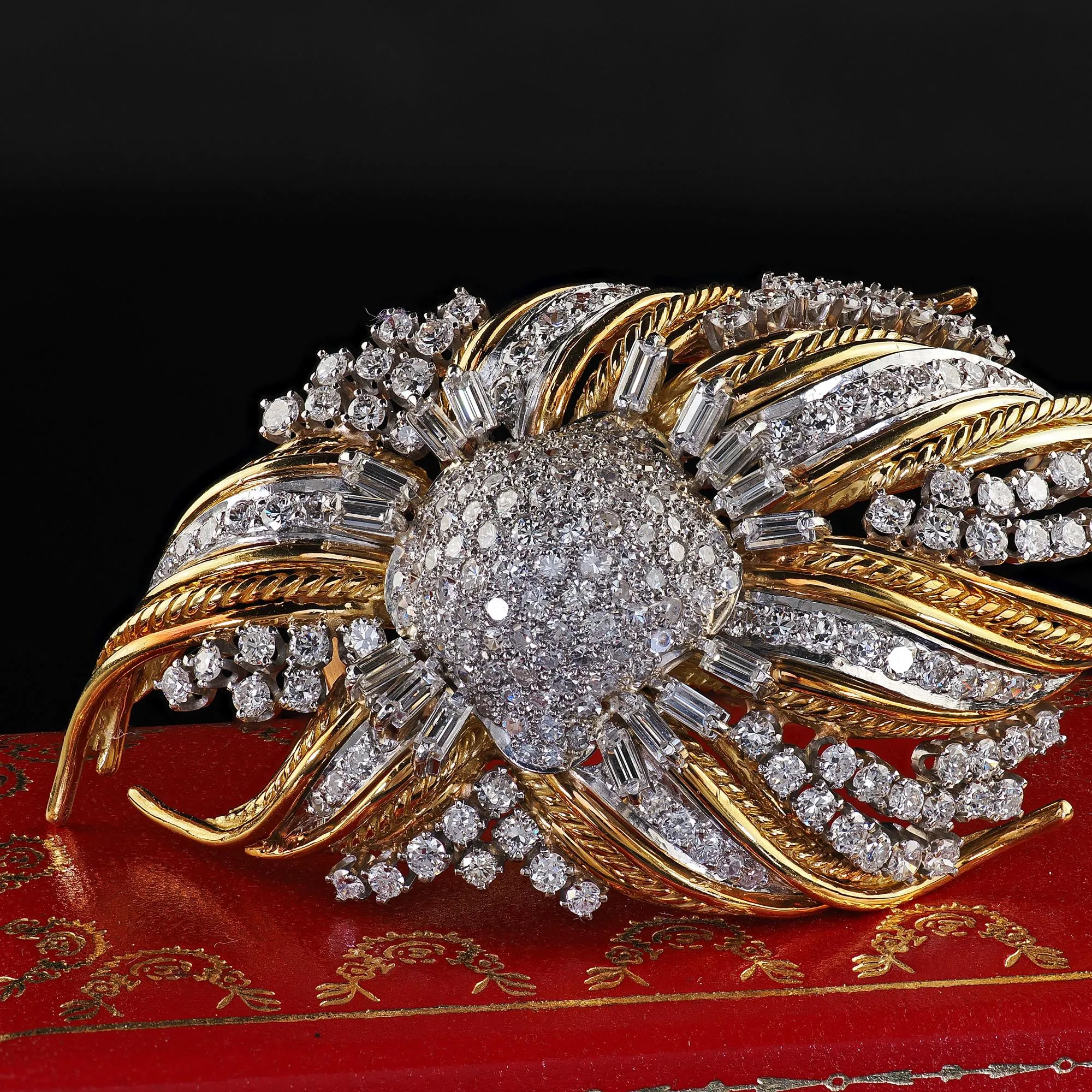 Vintage Retro 14K Yellow Gold and Platinum Diamond Floral Pin Brooch