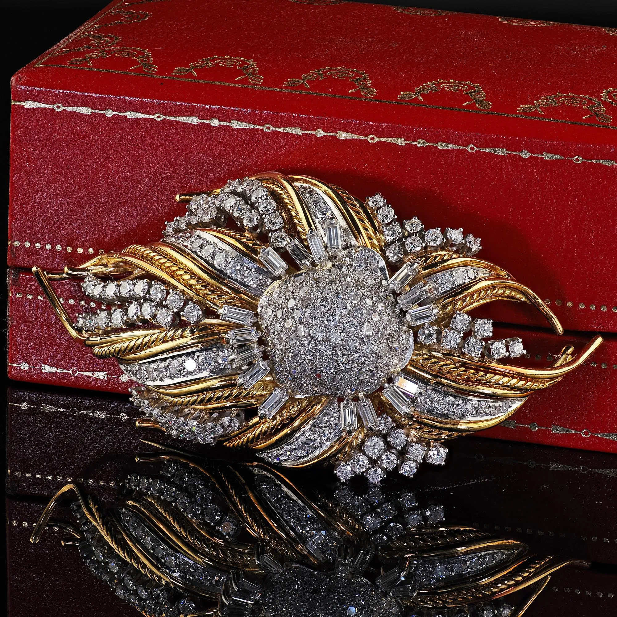 Vintage Retro 14K Yellow Gold and Platinum Diamond Floral Pin Brooch