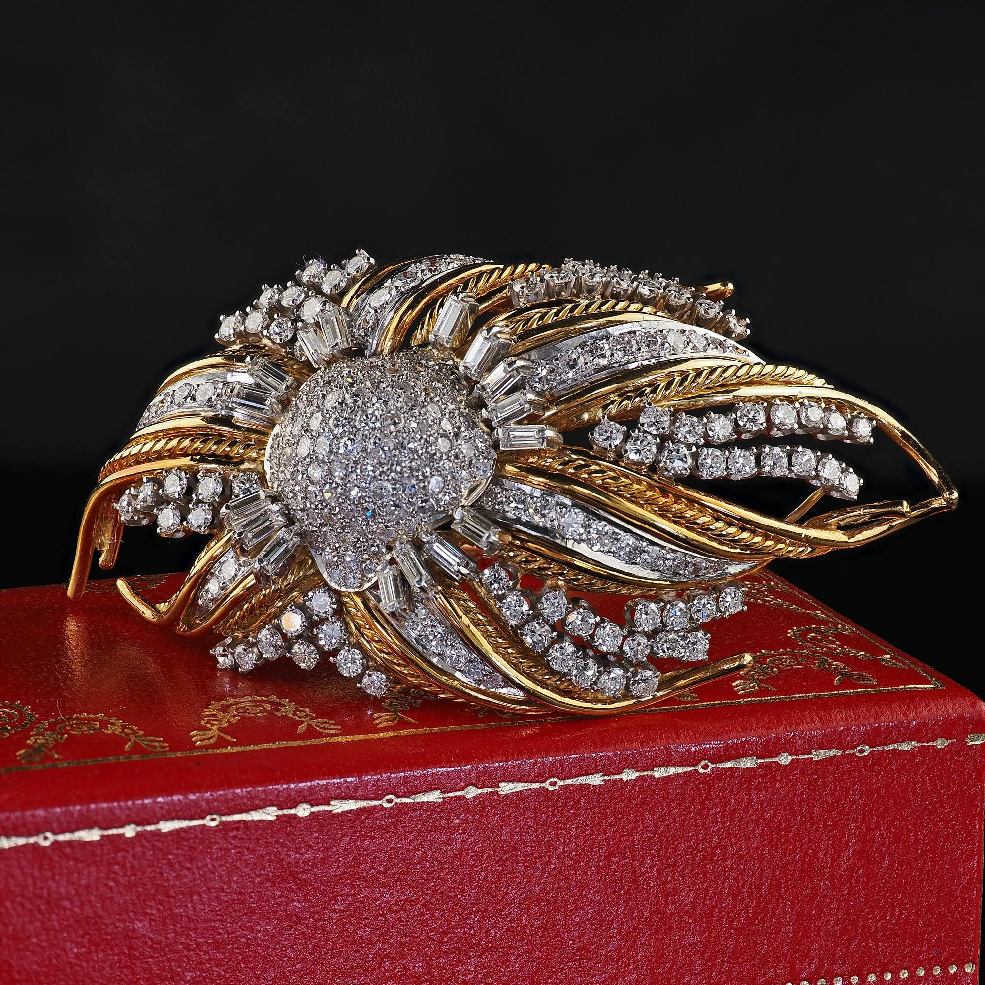 Vintage Retro 14K Yellow Gold and Platinum Diamond Floral Pin Brooch