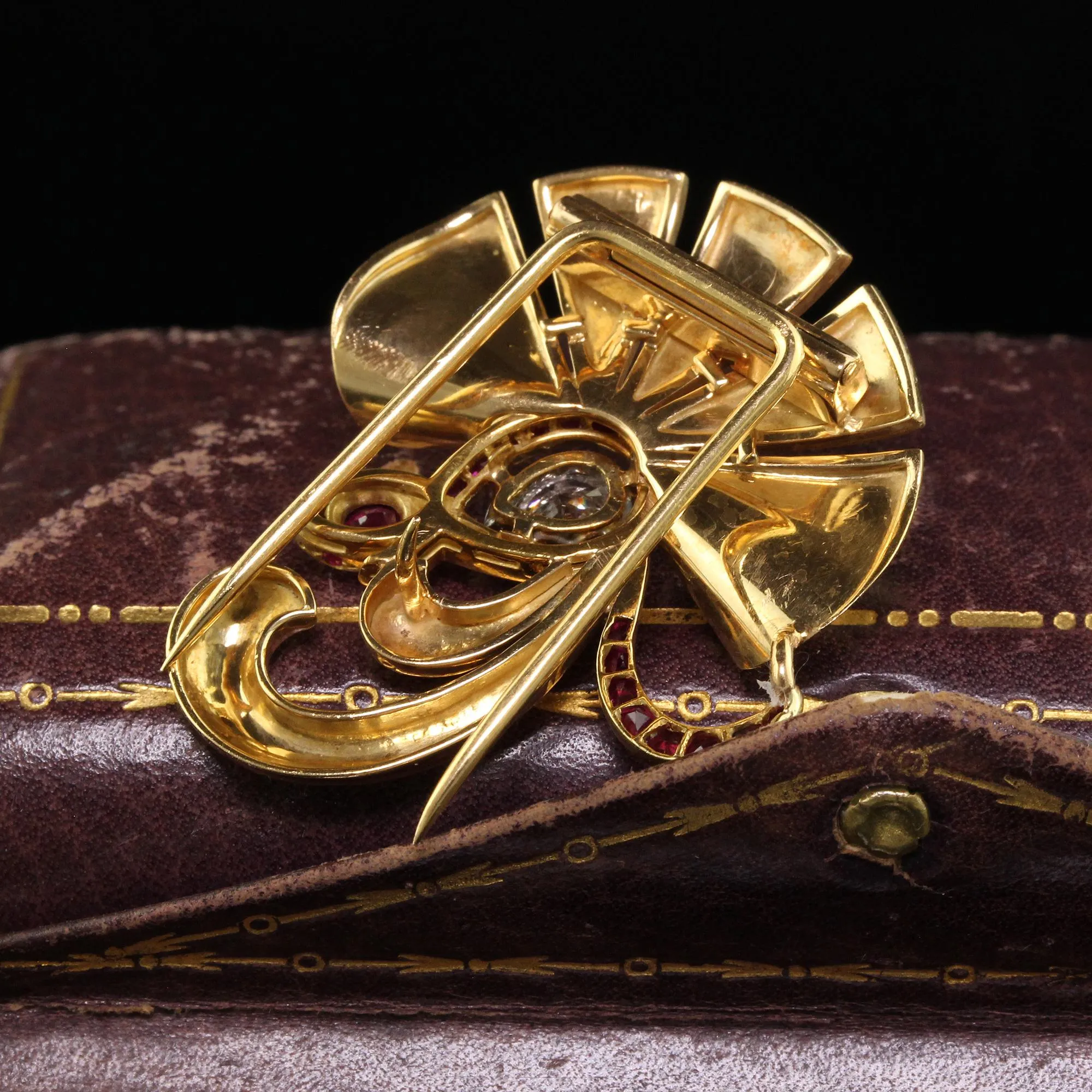 Vintage Retro 18K Yellow Gold Ruby and Old Mine Diamond Snake Pin