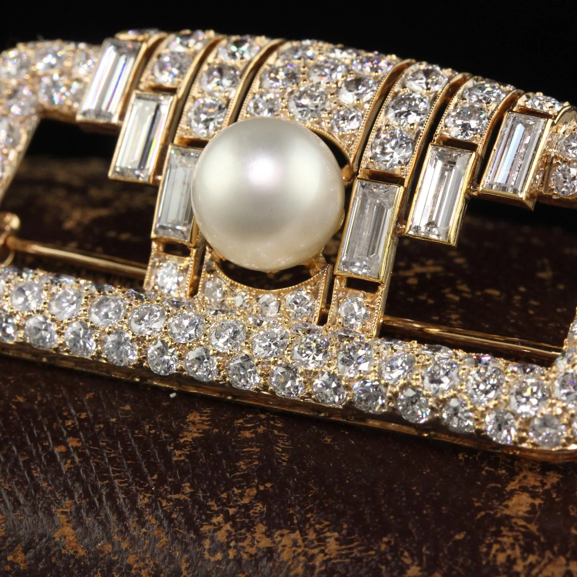 Vintage Retro Cartier 18K Yellow Gold Diamond Natural Pearl Brooch Pin - GIA