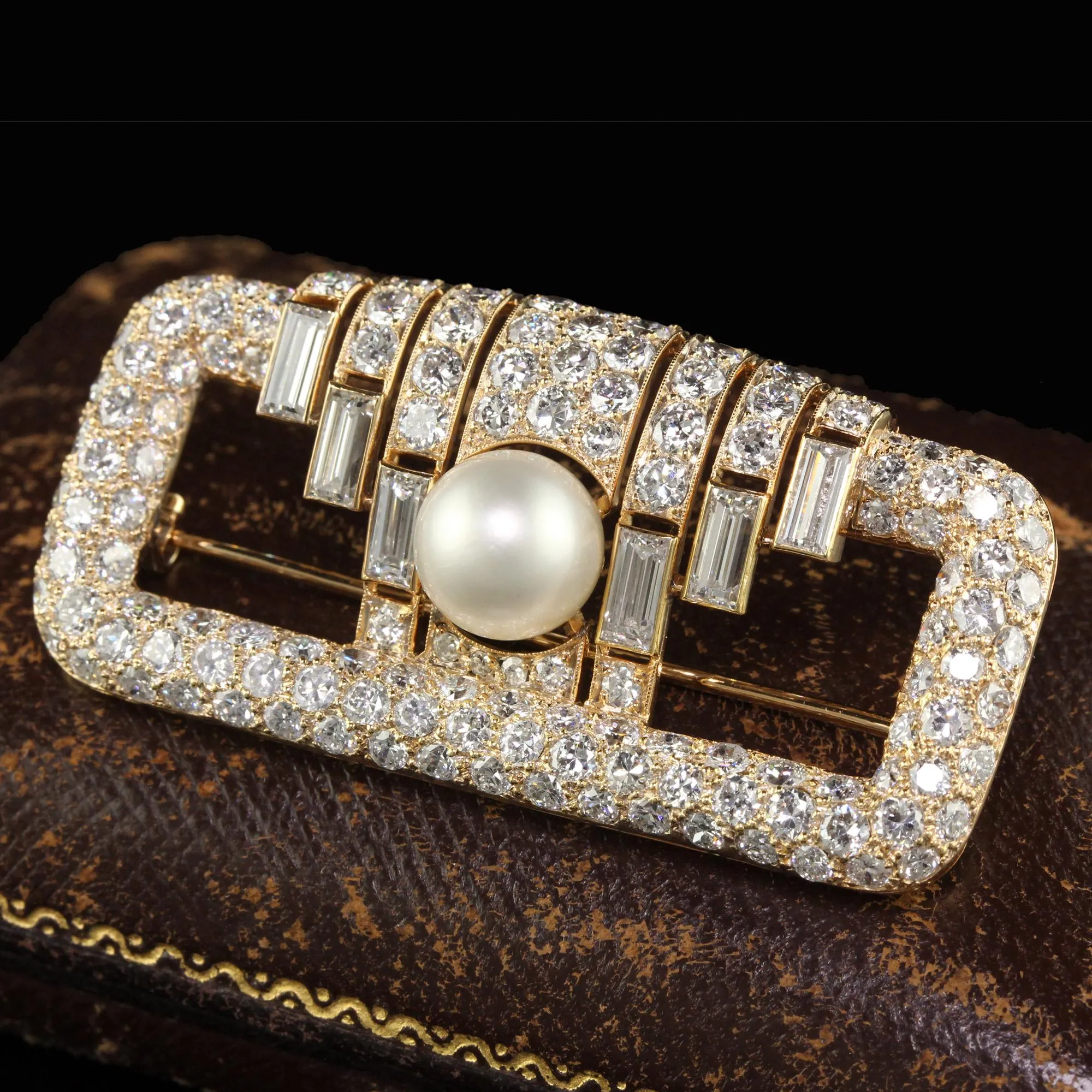 Vintage Retro Cartier 18K Yellow Gold Diamond Natural Pearl Brooch Pin - GIA