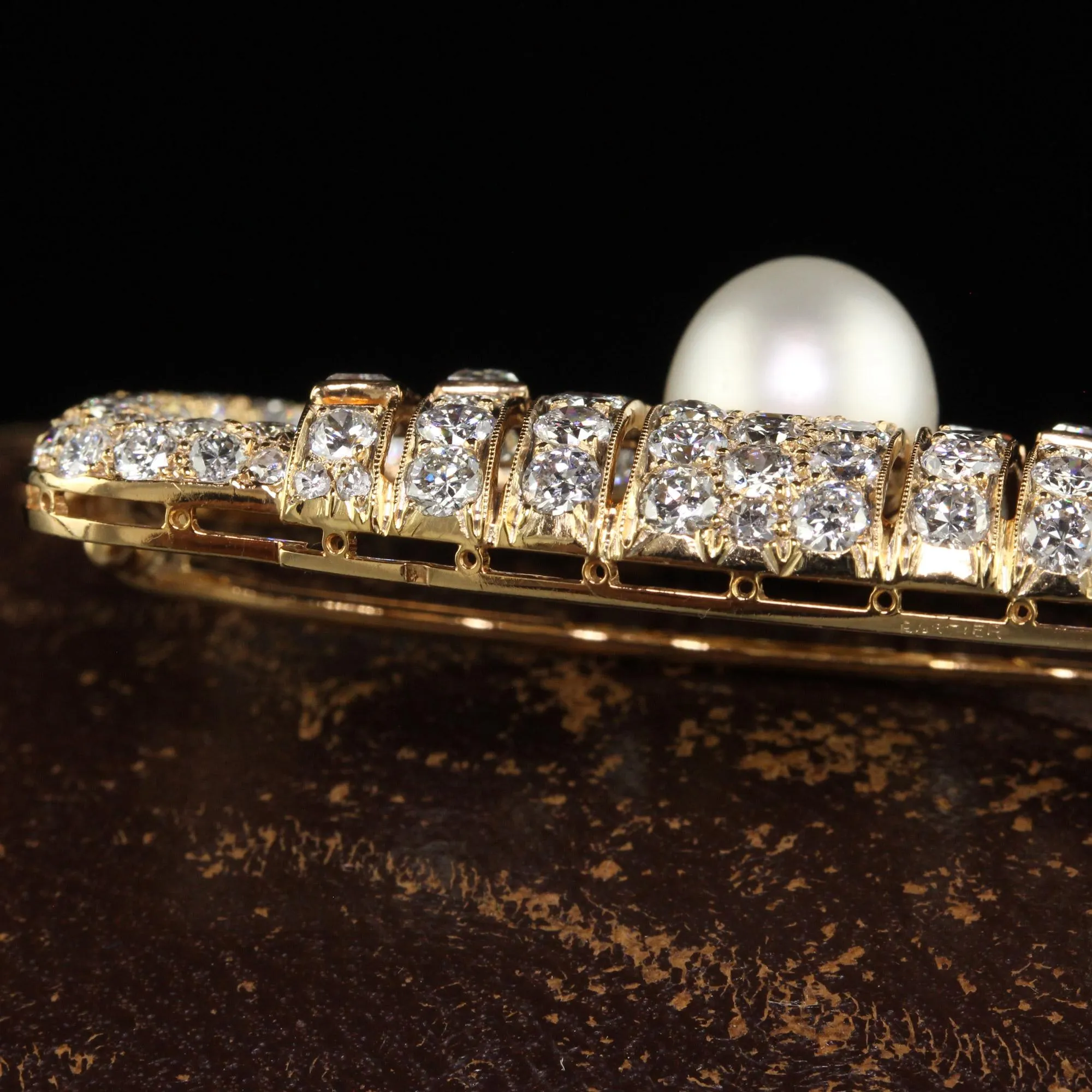 Vintage Retro Cartier 18K Yellow Gold Diamond Natural Pearl Brooch Pin - GIA