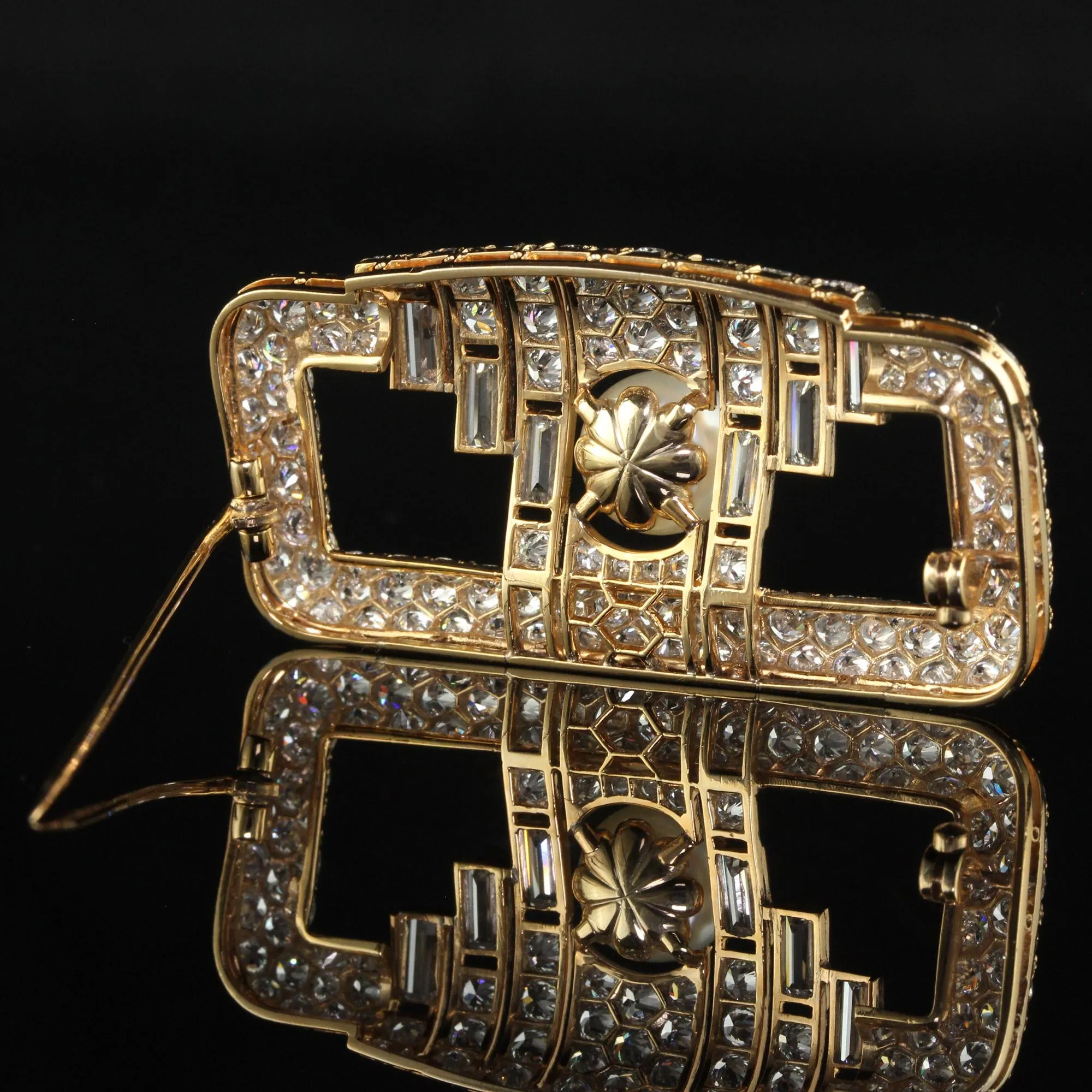 Vintage Retro Cartier 18K Yellow Gold Diamond Natural Pearl Brooch Pin - GIA