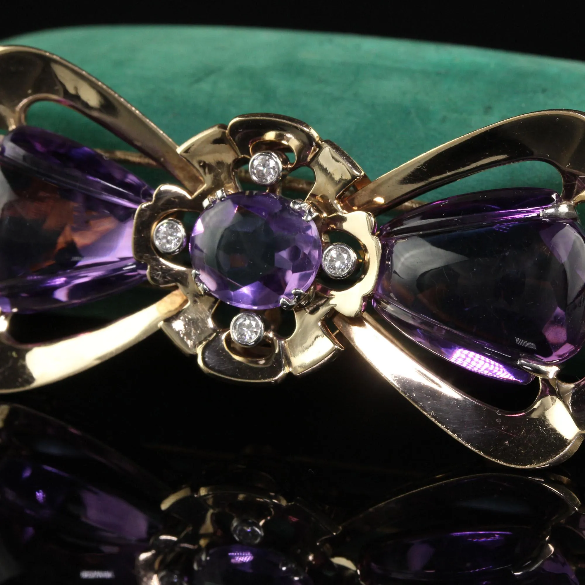 Vintage Retro Tiffany and Co Carved Amethyst and Diamond Bow Pin Brooch