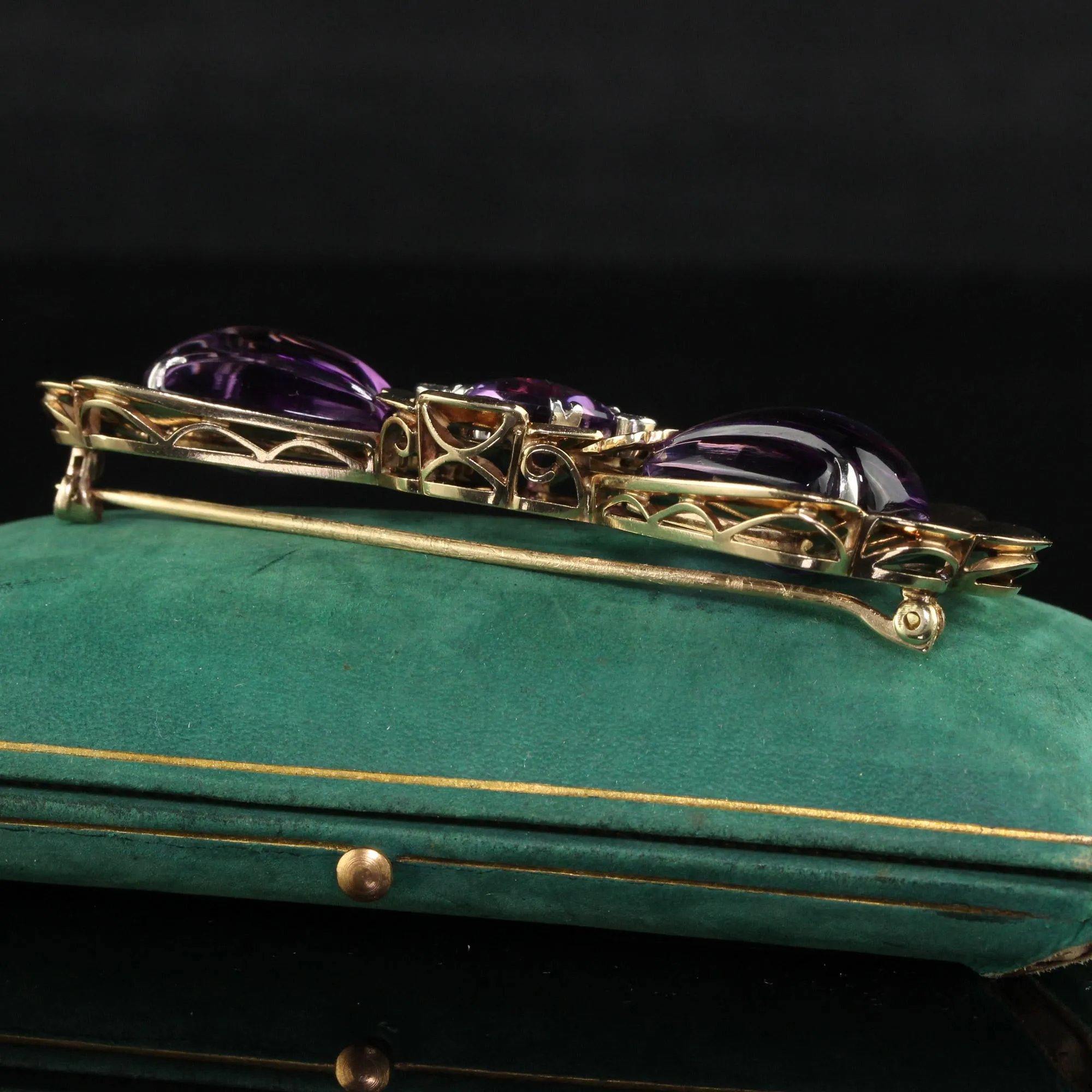 Vintage Retro Tiffany and Co Carved Amethyst and Diamond Bow Pin Brooch
