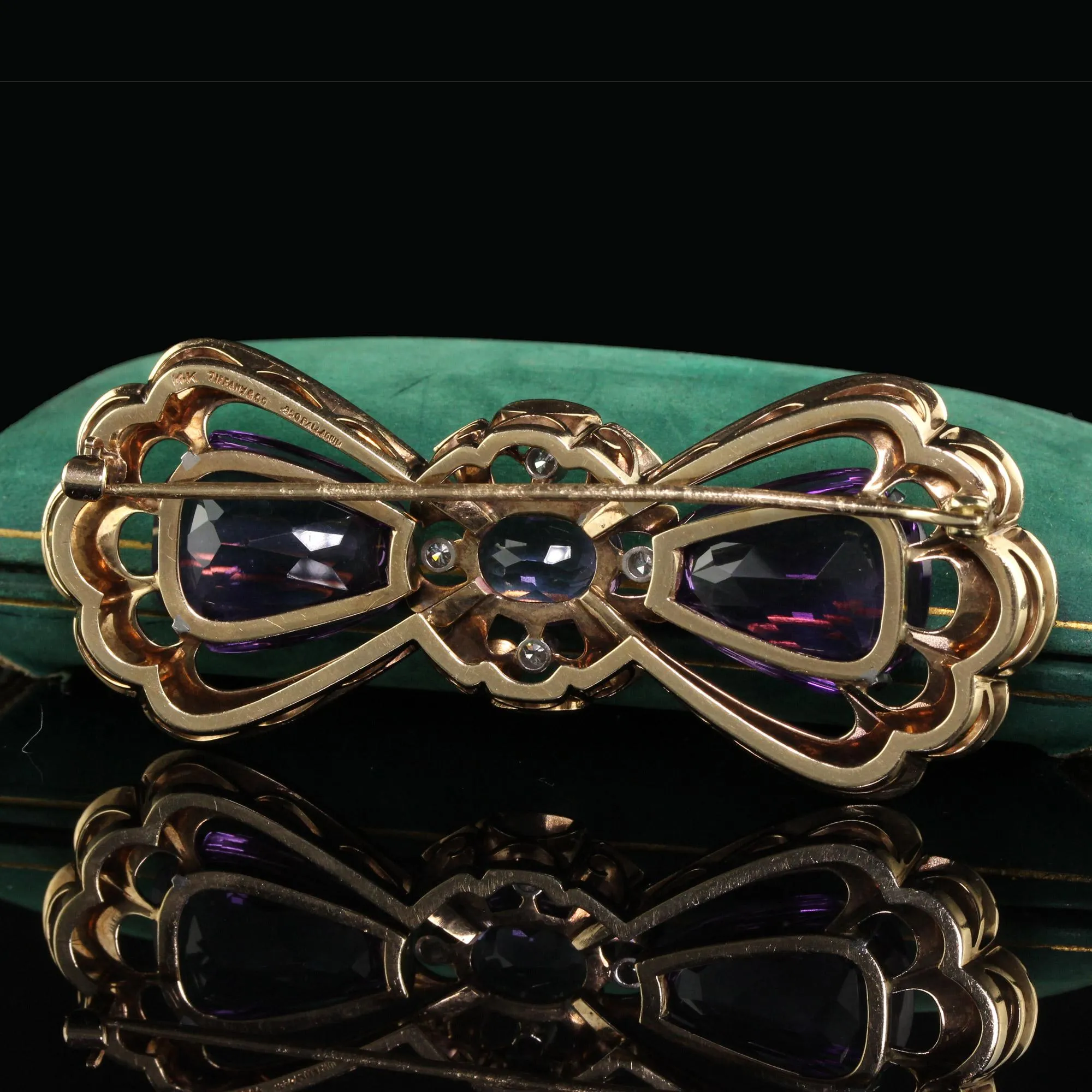 Vintage Retro Tiffany and Co Carved Amethyst and Diamond Bow Pin Brooch