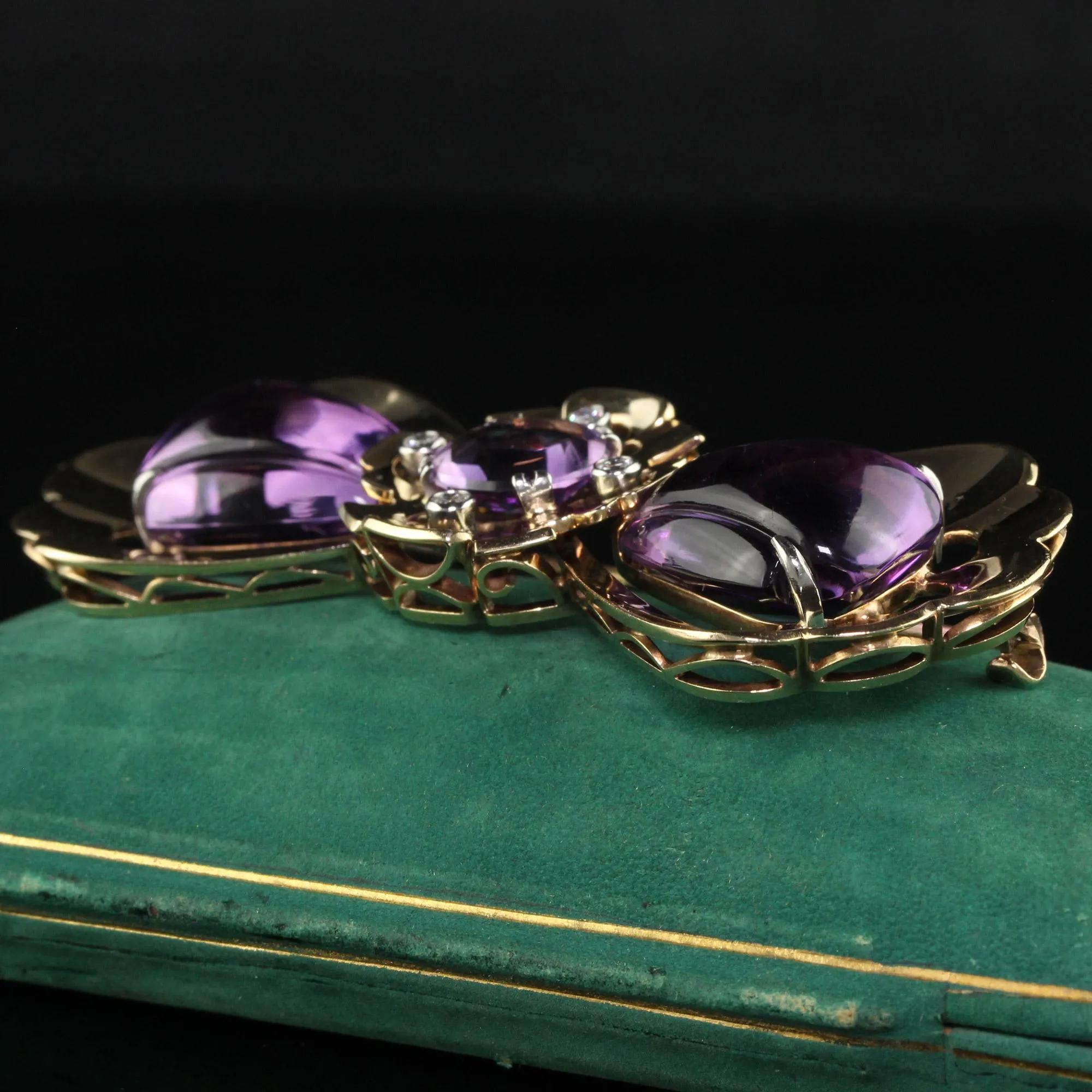 Vintage Retro Tiffany and Co Carved Amethyst and Diamond Bow Pin Brooch