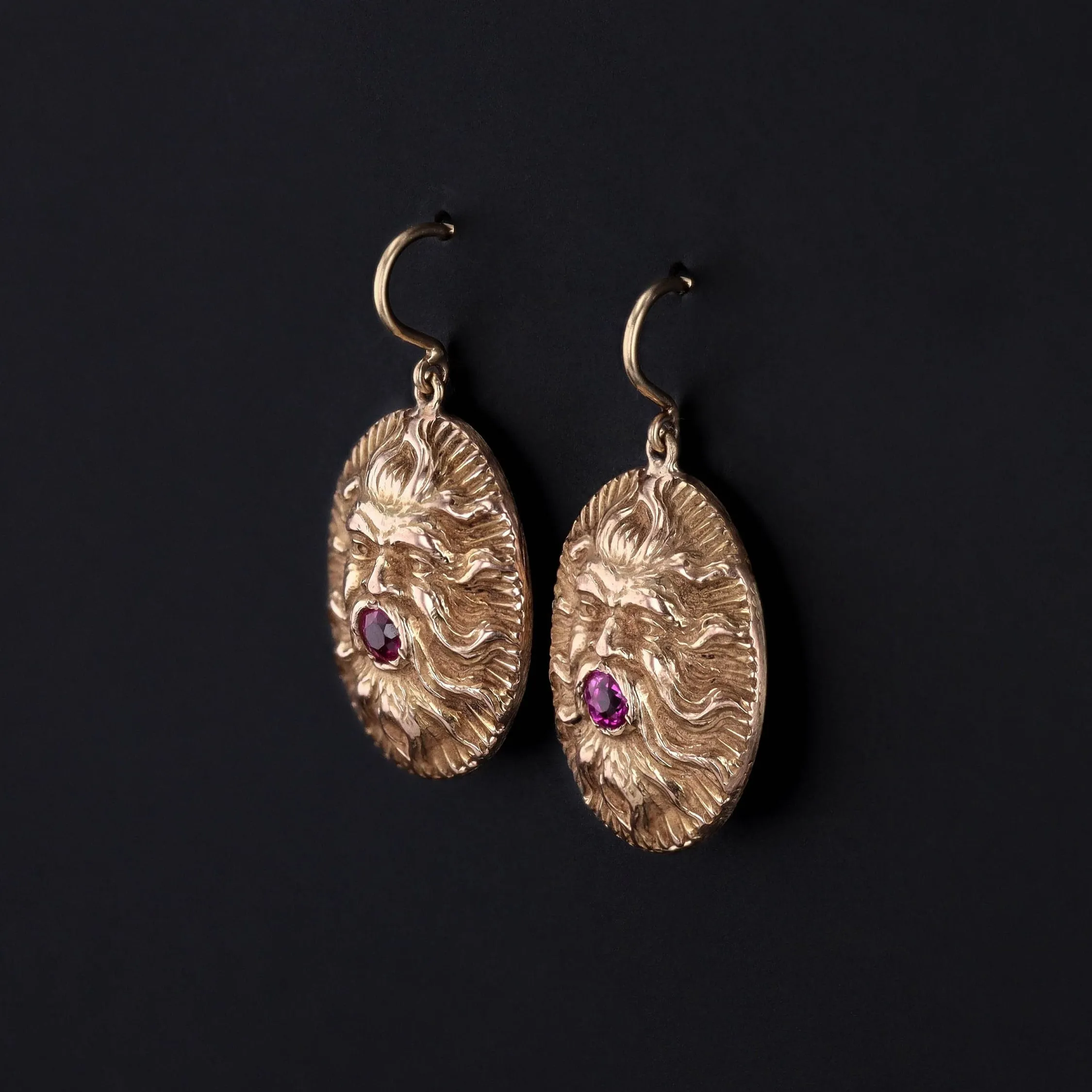 Vintage Ruby Gargoyle or Greenman Conversion Earrings of 14k Gold