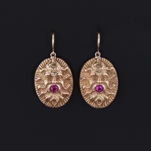 Vintage Ruby Gargoyle or Greenman Conversion Earrings of 14k Gold