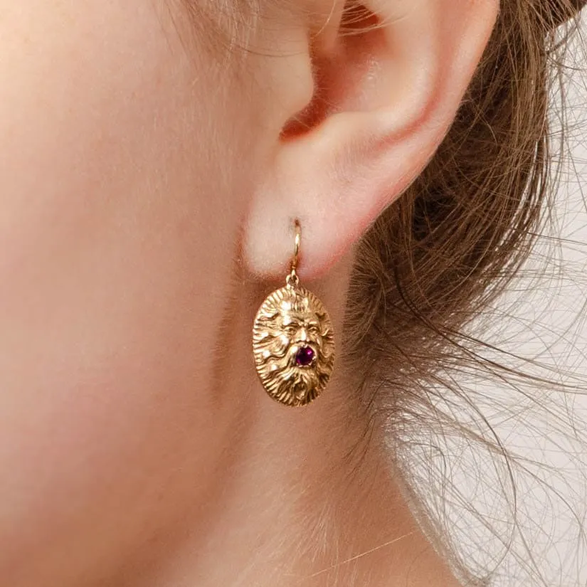 Vintage Ruby Gargoyle or Greenman Conversion Earrings of 14k Gold