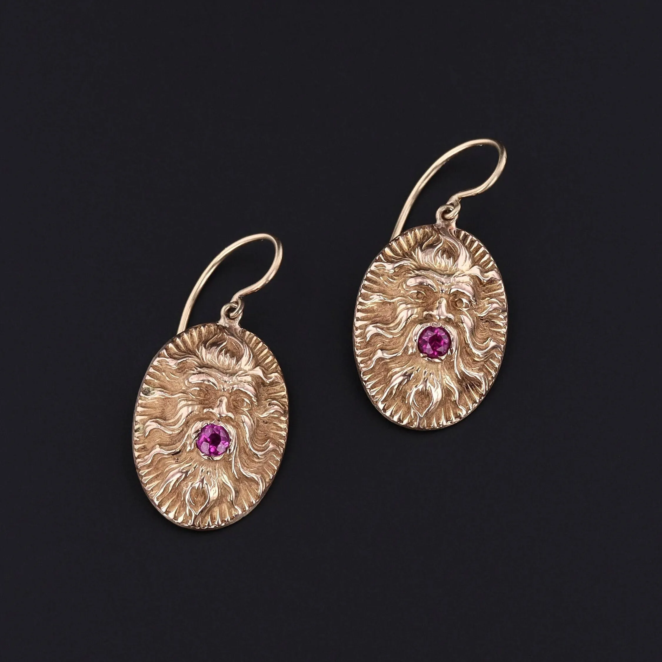 Vintage Ruby Gargoyle or Greenman Conversion Earrings of 14k Gold