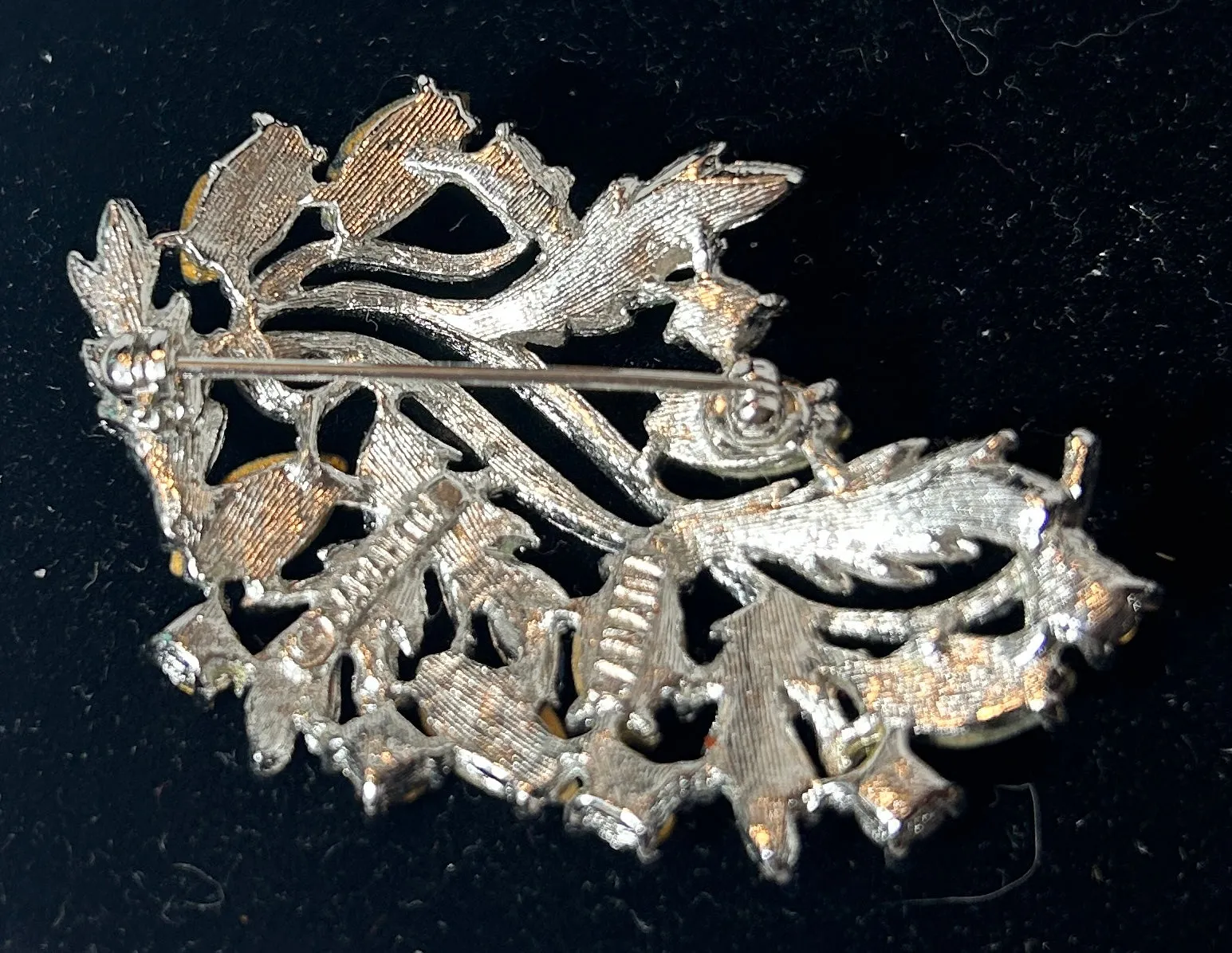 Vintage Silver Tone Leaf and Sapphire Blue Rhinestone Brooch Pin