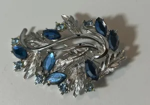 Vintage Silver Tone Leaf and Sapphire Blue Rhinestone Brooch Pin