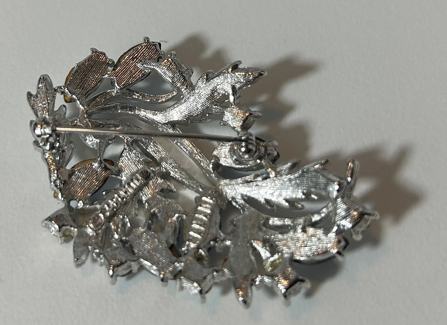 Vintage Silver Tone Leaf and Sapphire Blue Rhinestone Brooch Pin