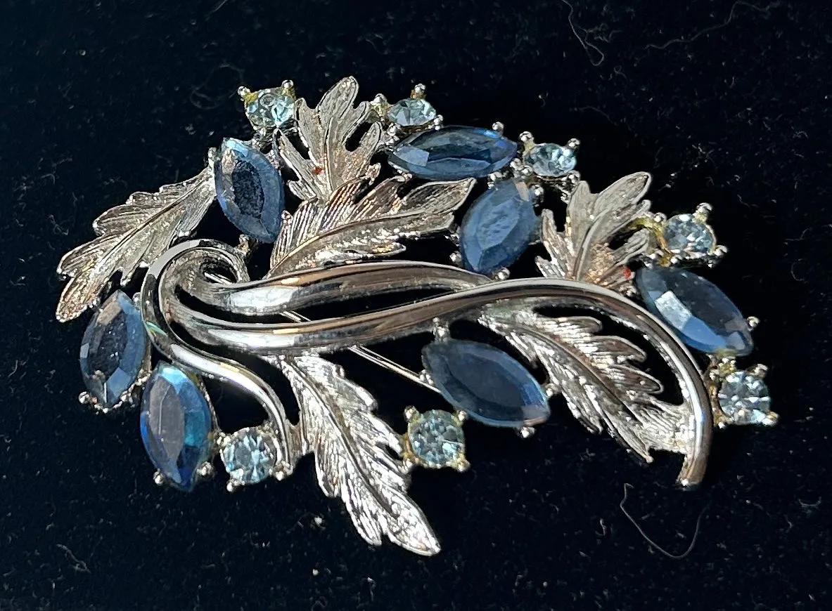 Vintage Silver Tone Leaf and Sapphire Blue Rhinestone Brooch Pin