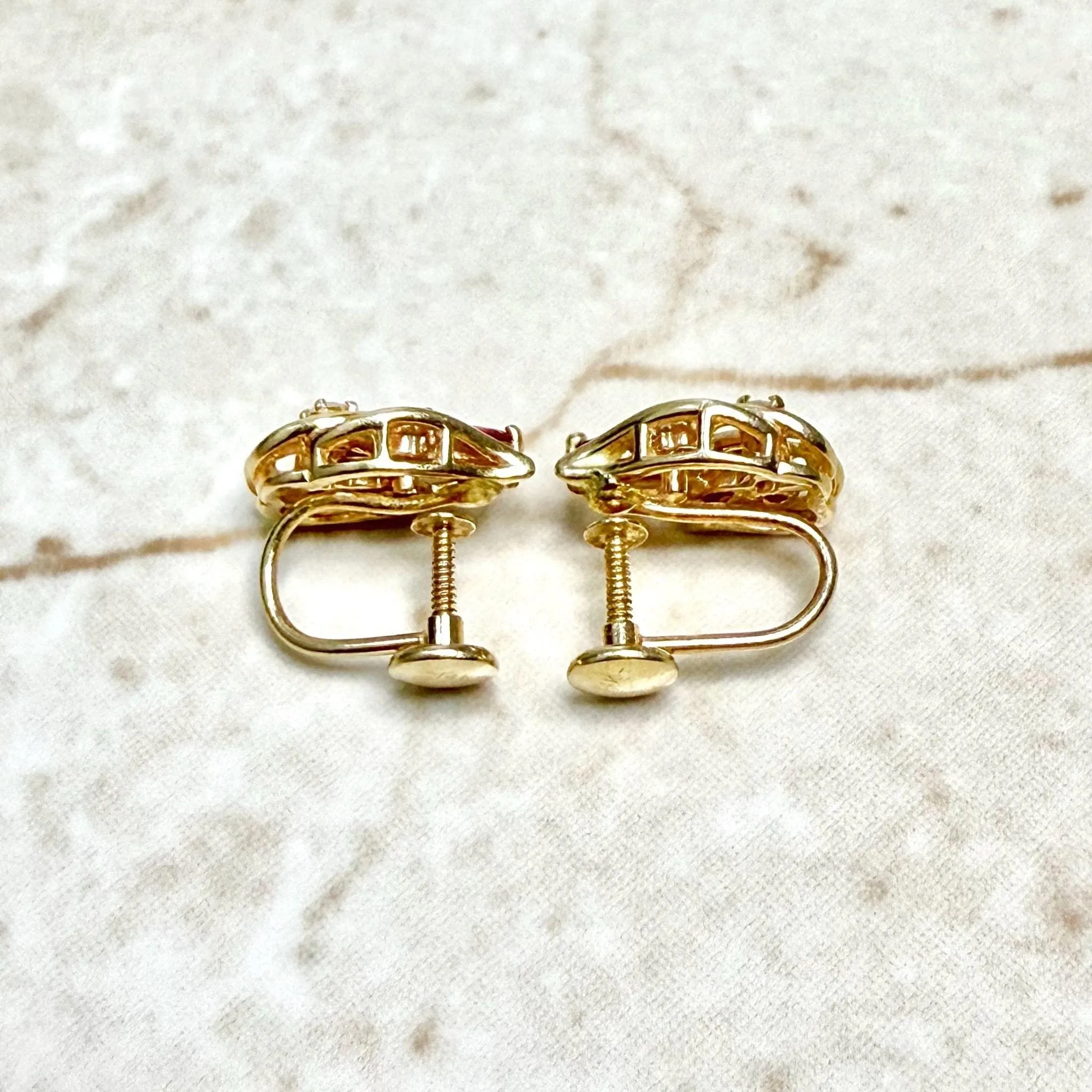 Vintage Solid 14 Karat Yellow Gold Ruby & Diamond Clip-On Screw Earrings