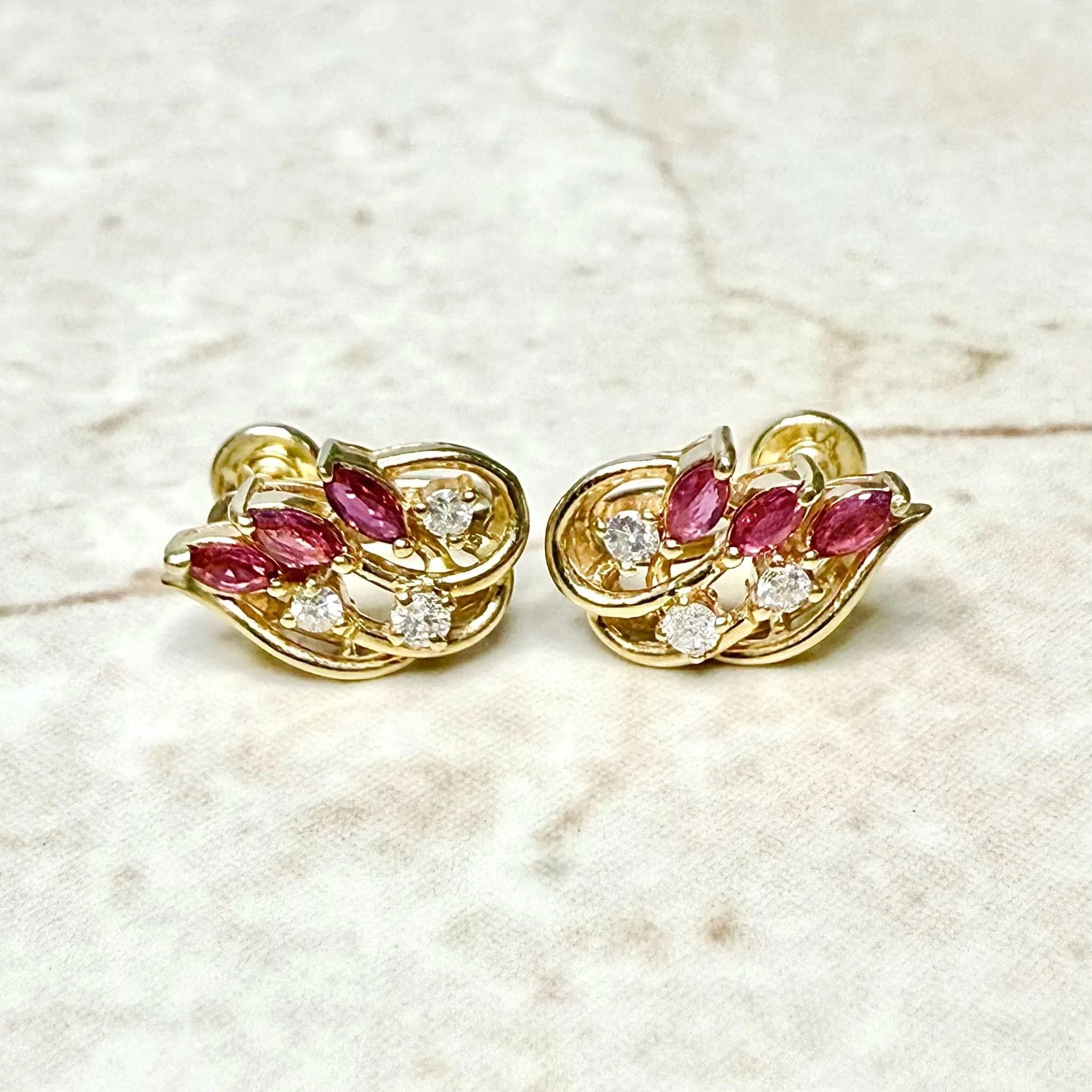Vintage Solid 14 Karat Yellow Gold Ruby & Diamond Clip-On Screw Earrings
