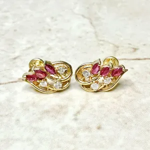 Vintage Solid 14 Karat Yellow Gold Ruby & Diamond Clip-On Screw Earrings