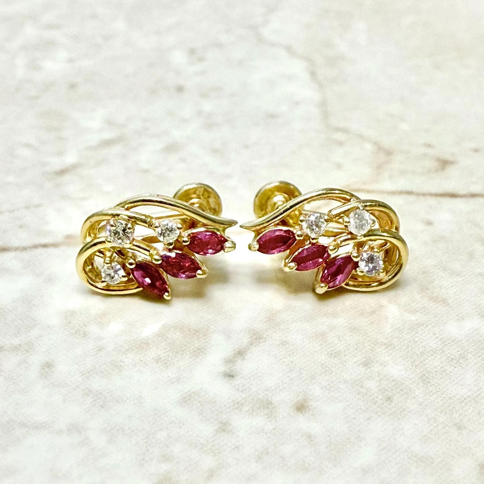 Vintage Solid 14 Karat Yellow Gold Ruby & Diamond Clip-On Screw Earrings