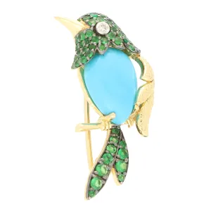 Vintage Turquoise, Diamond and Tsavorite Garnet Bird Brooch