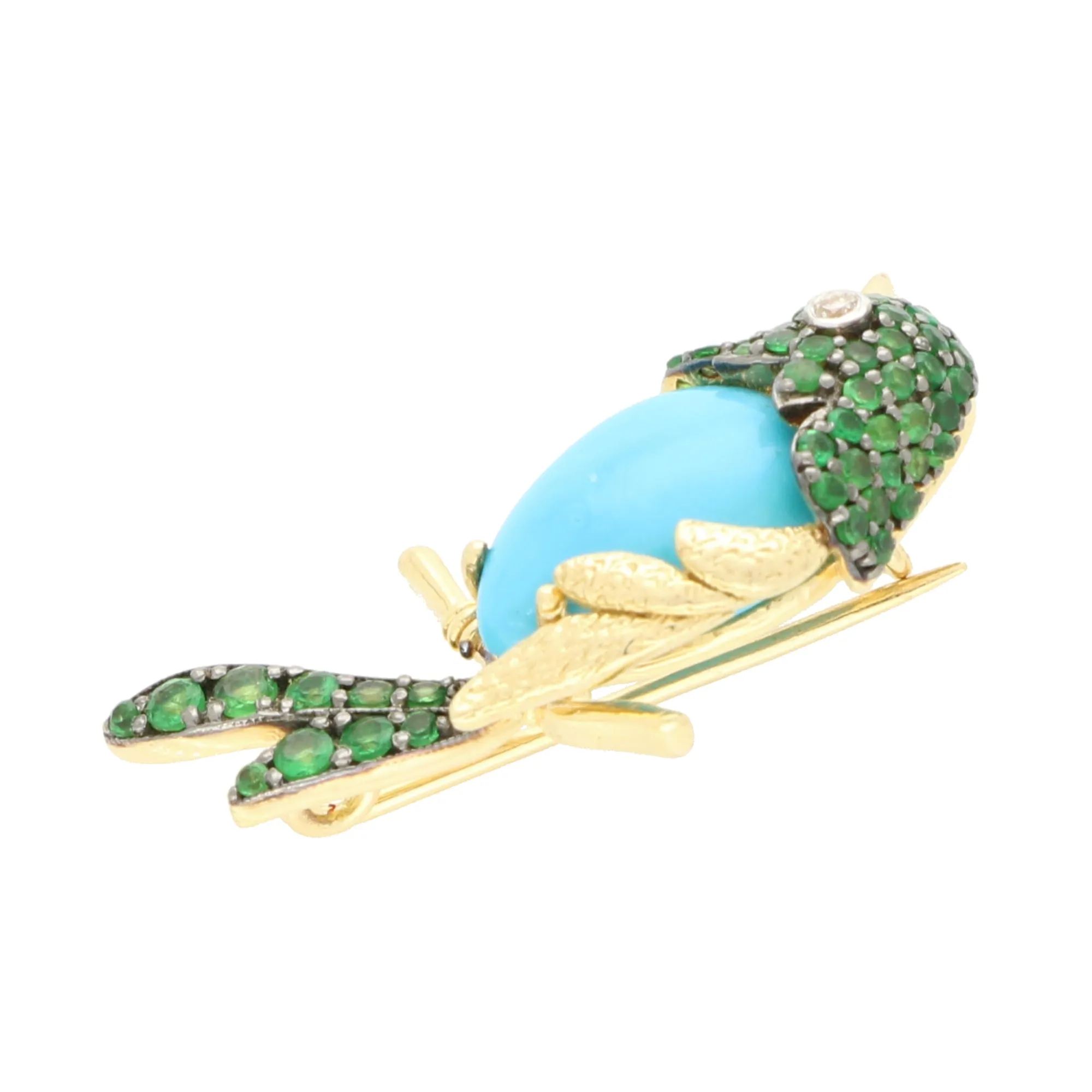 Vintage Turquoise, Diamond and Tsavorite Garnet Bird Brooch
