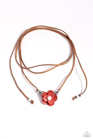 Wanderlust Wrap - White - Stone Center Red Flower Brown Cord Paparazzi Customizable Necklace