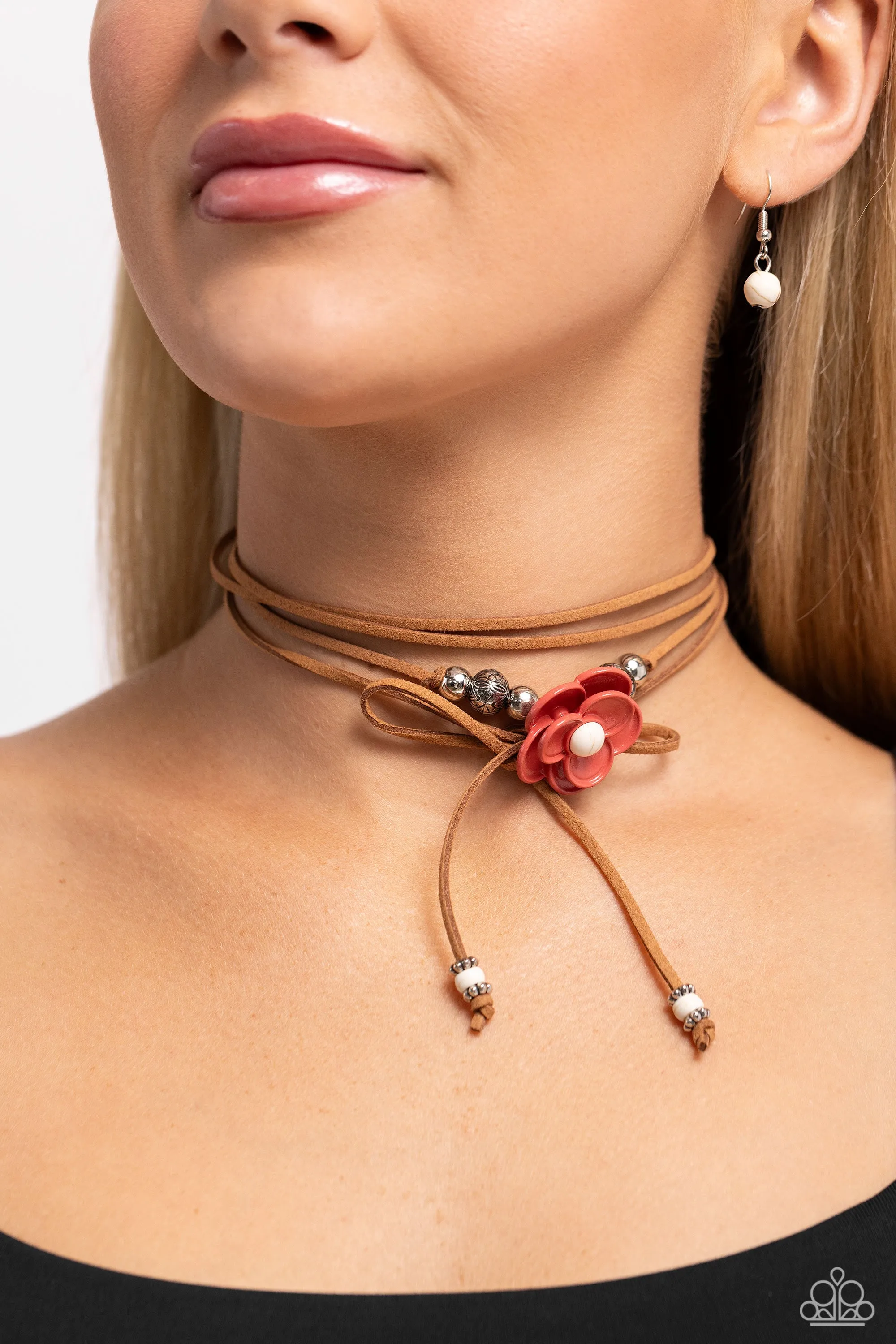Wanderlust Wrap - White - Stone Center Red Flower Brown Cord Paparazzi Customizable Necklace
