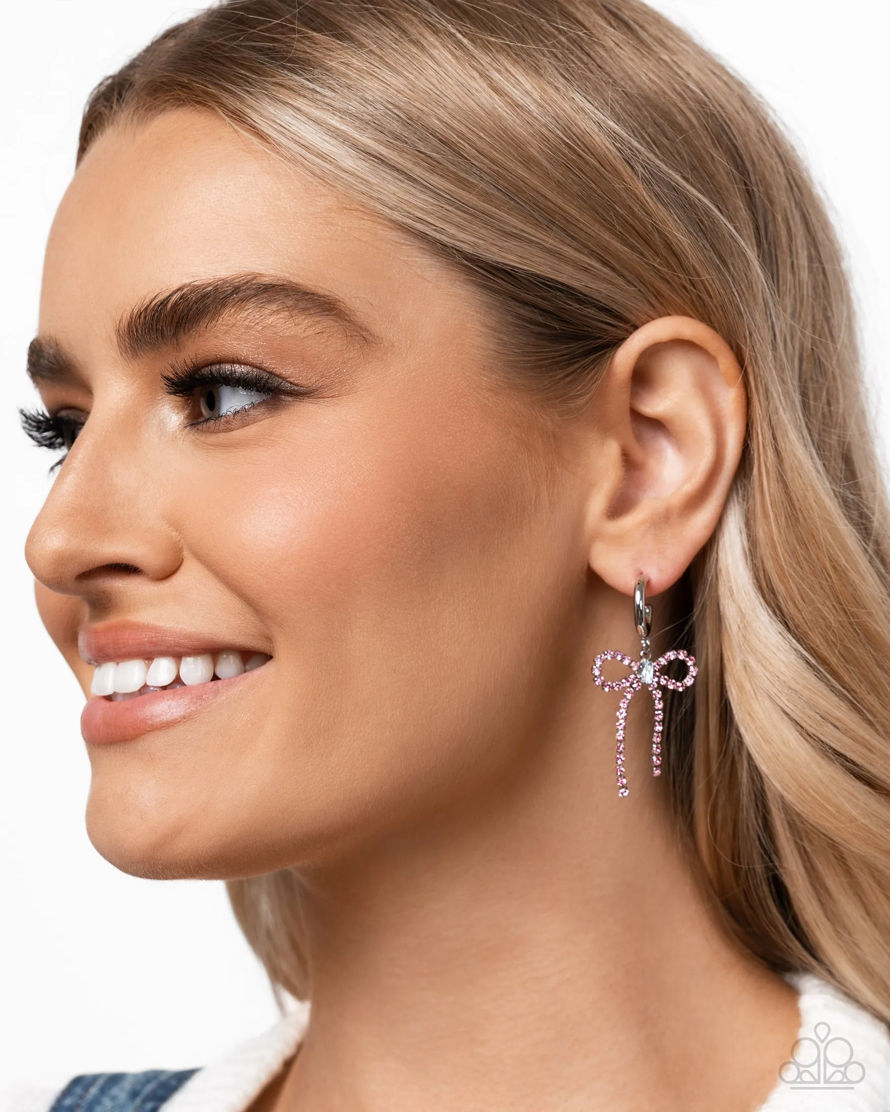 Whispering Whimsy - Pink - Rhinestone Bow Paparazzi Drop Hoop Earrings