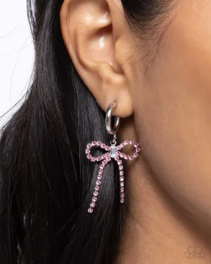 Whispering Whimsy - Pink - Rhinestone Bow Paparazzi Drop Hoop Earrings