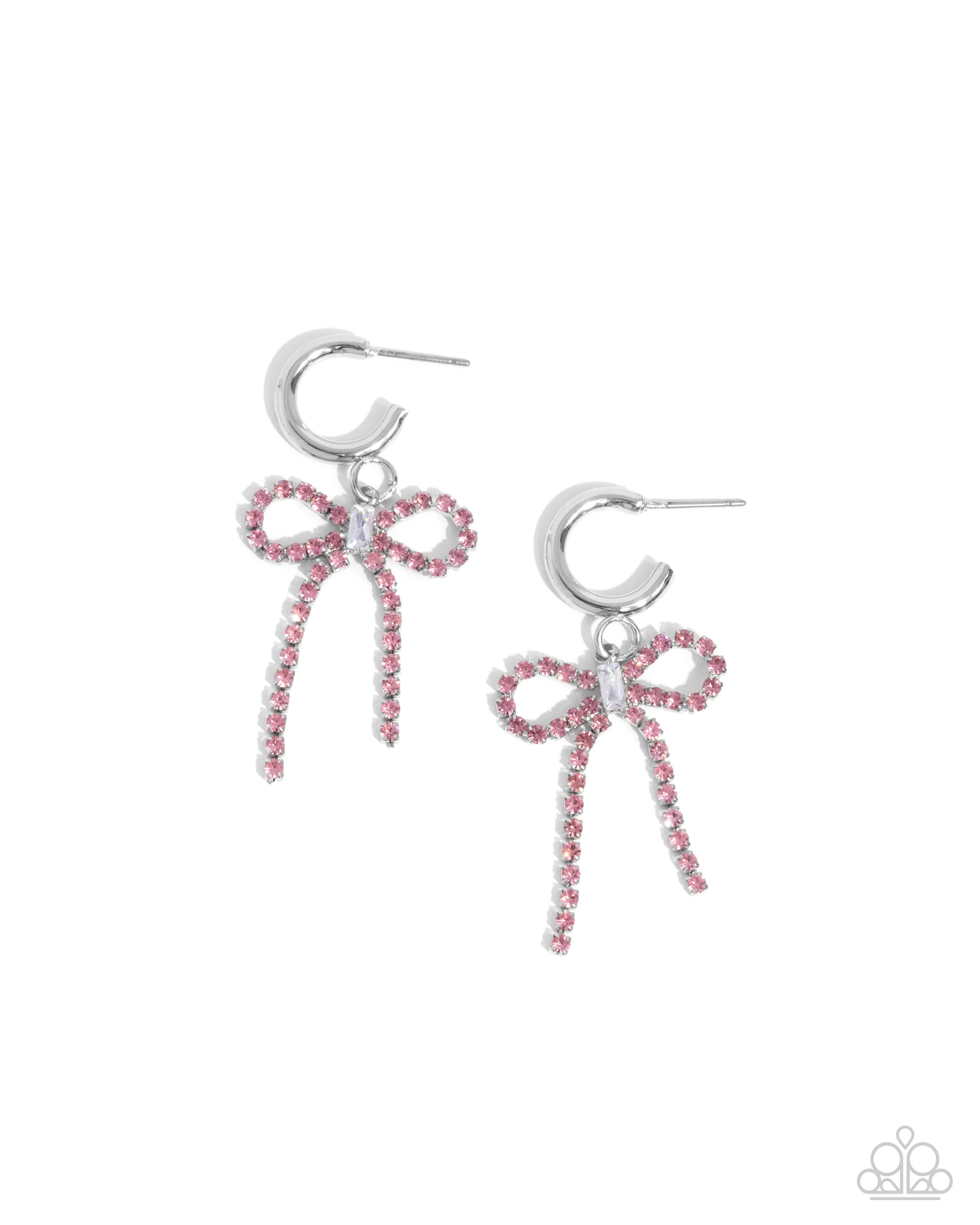 Whispering Whimsy - Pink - Rhinestone Bow Paparazzi Drop Hoop Earrings