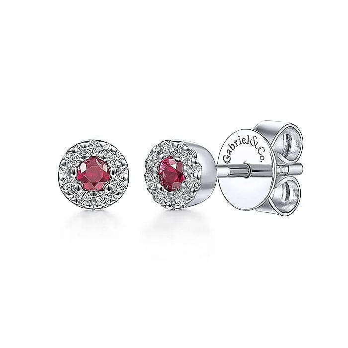 White Gold Petite Ruby & Halo Diamond Stud Earrings