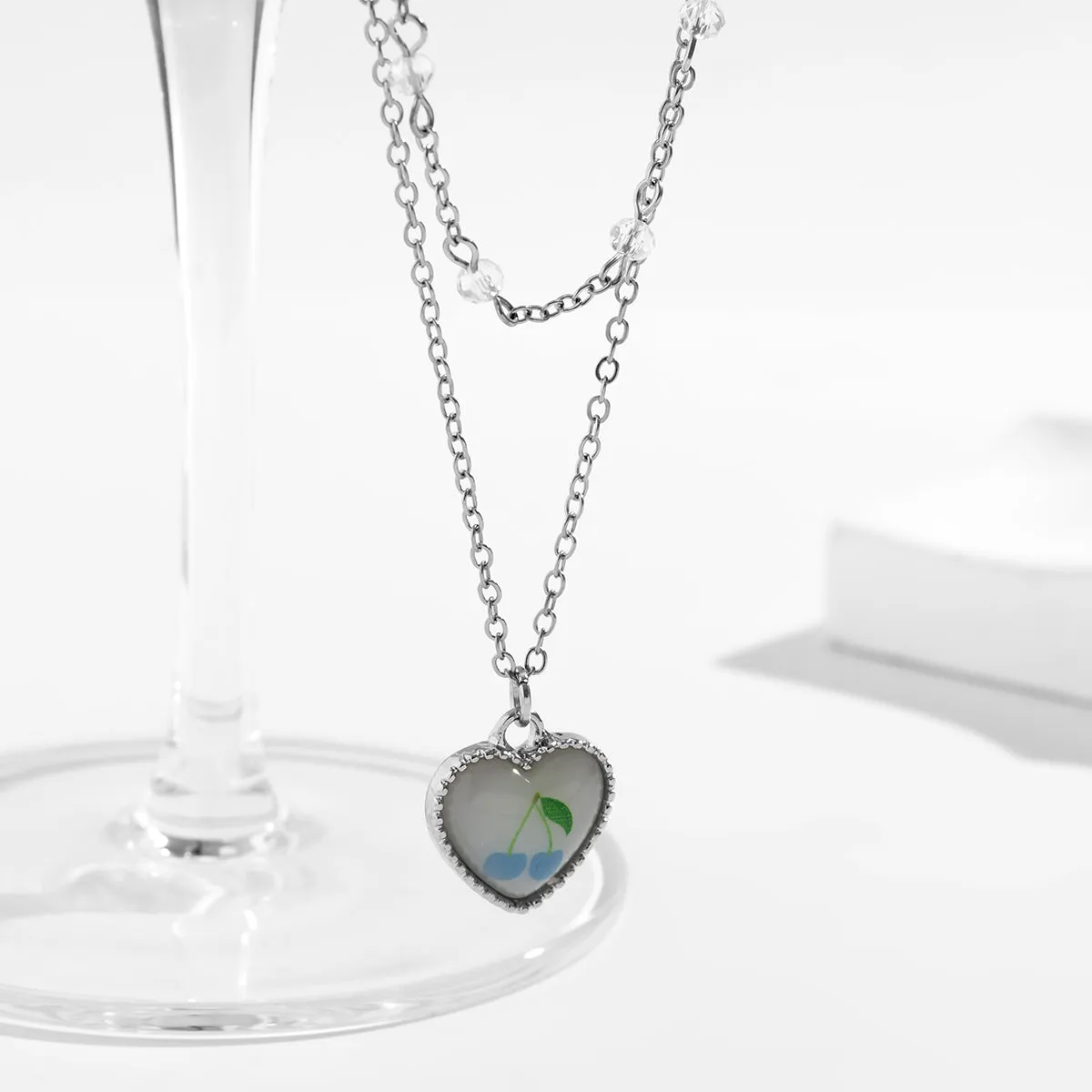 White Resin & Silver-Plated Cherry Heart Pendant Necklace