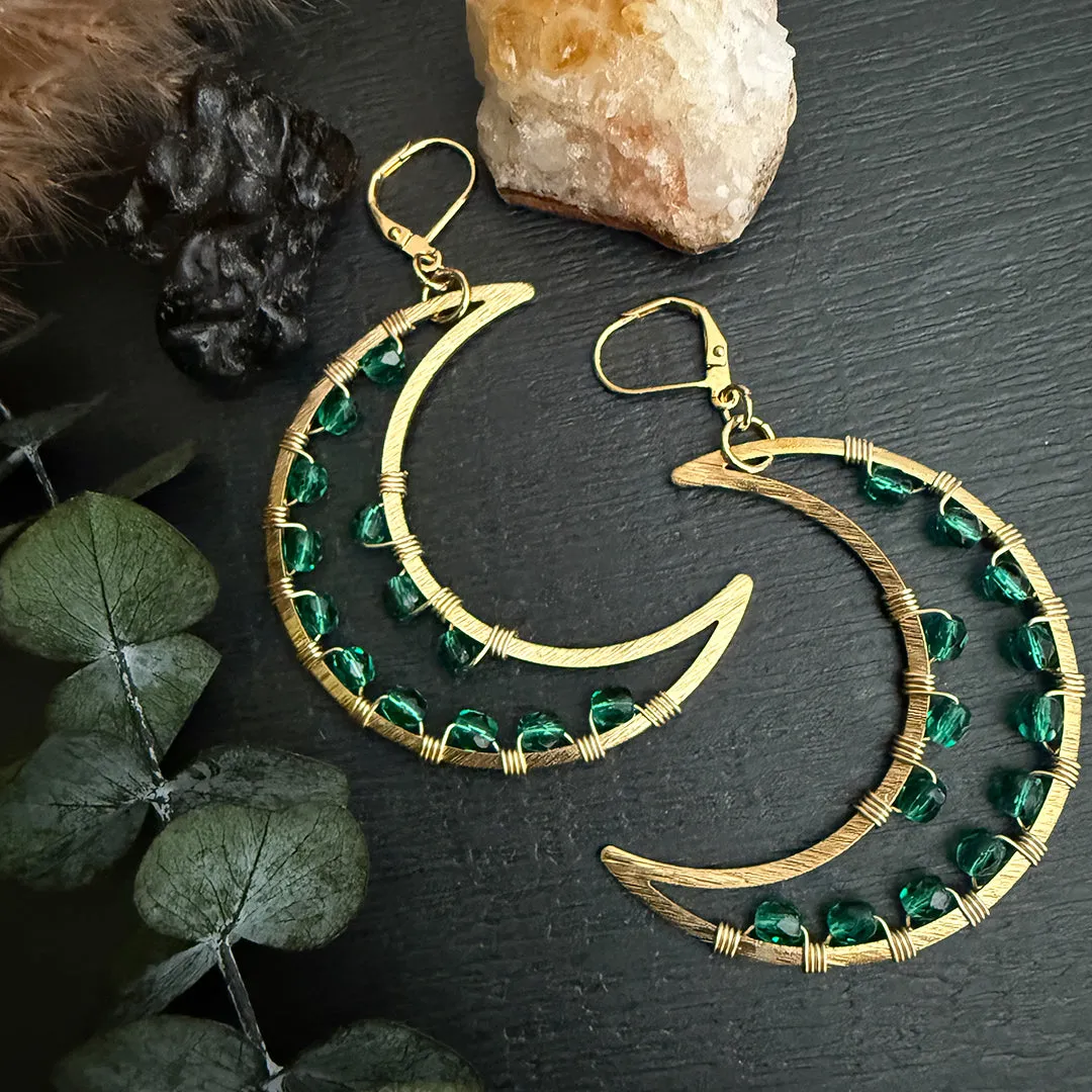 Wicked Emerald Crescent Moon Earrings
