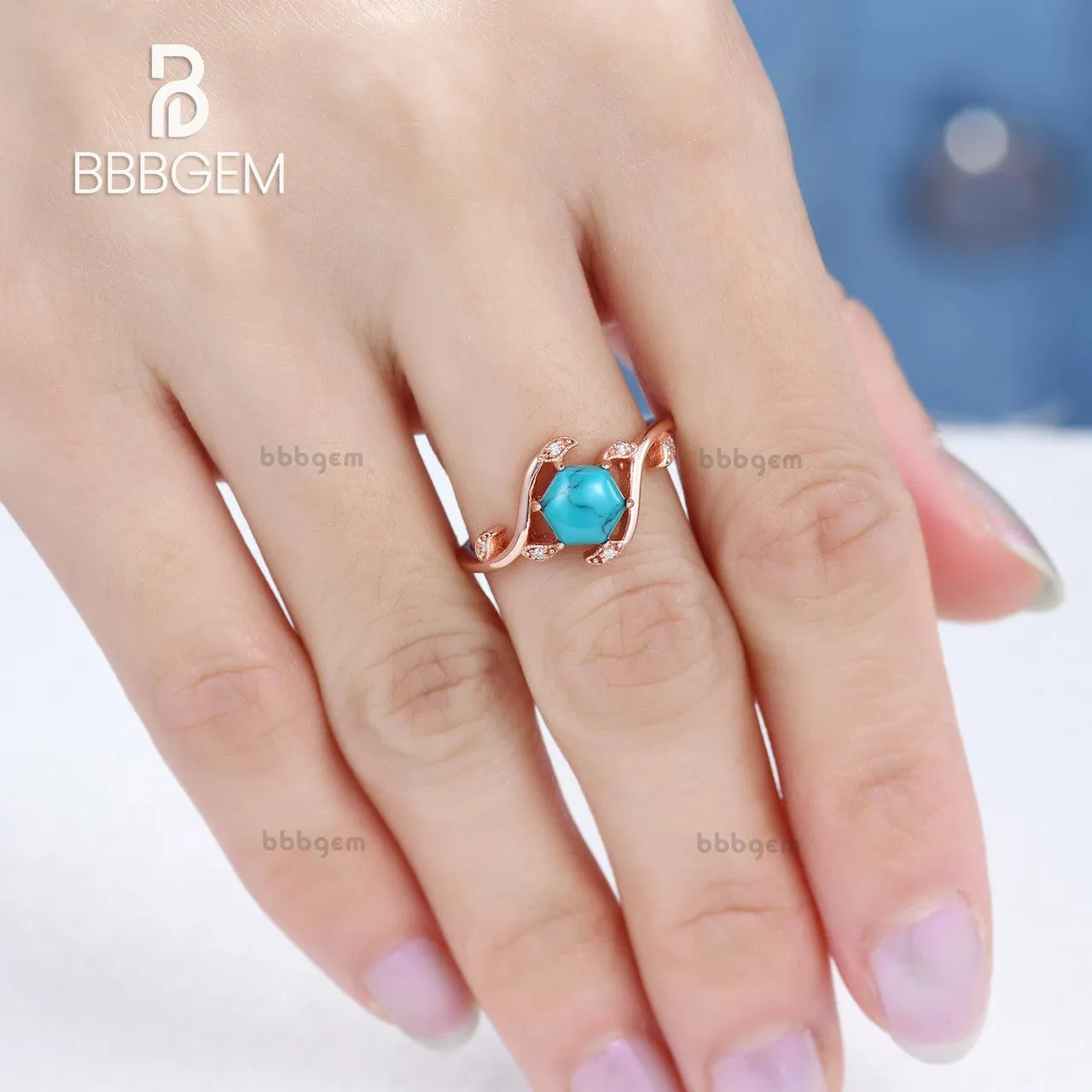 Willow Ring With Hexagon Shaped Black Turquoise Nature Inspired Willow Diamond Engagement Ring