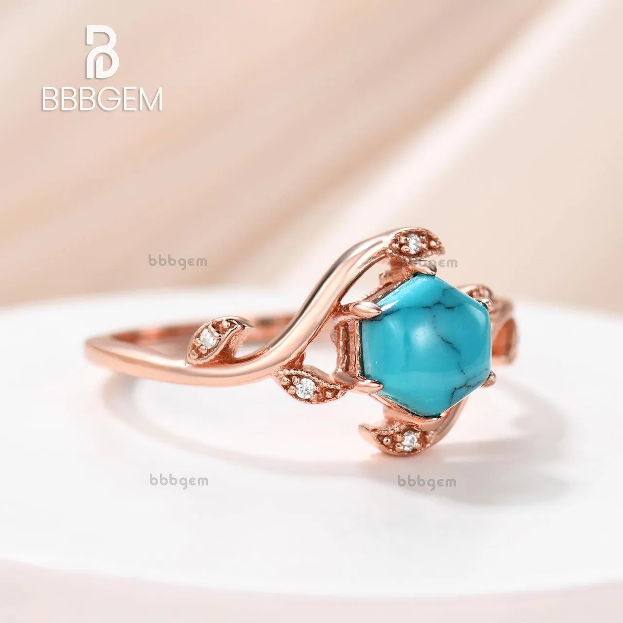 Willow Ring With Hexagon Shaped Black Turquoise Nature Inspired Willow Diamond Engagement Ring