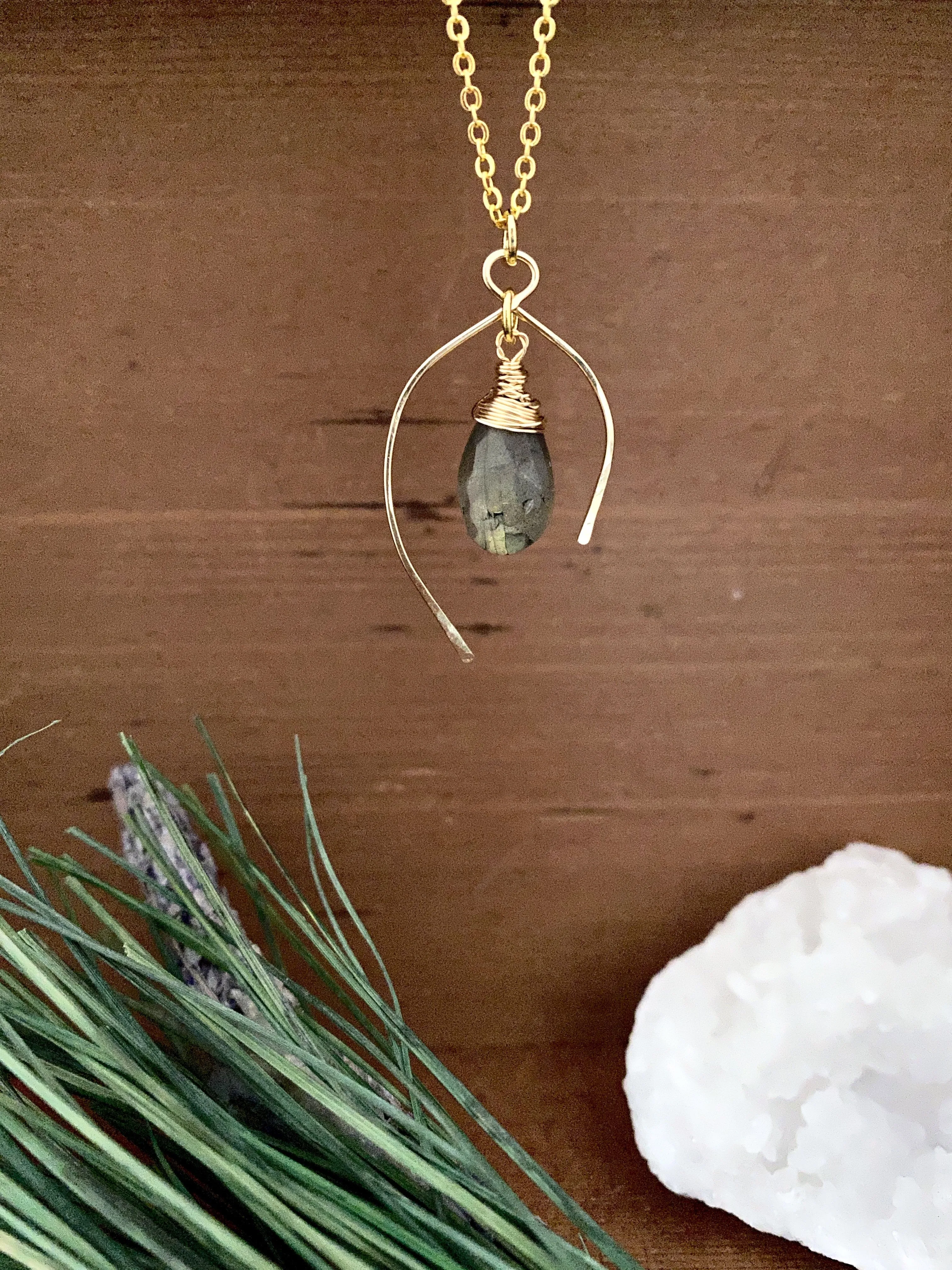 Wishbone Necklace with a Labradorite Drop