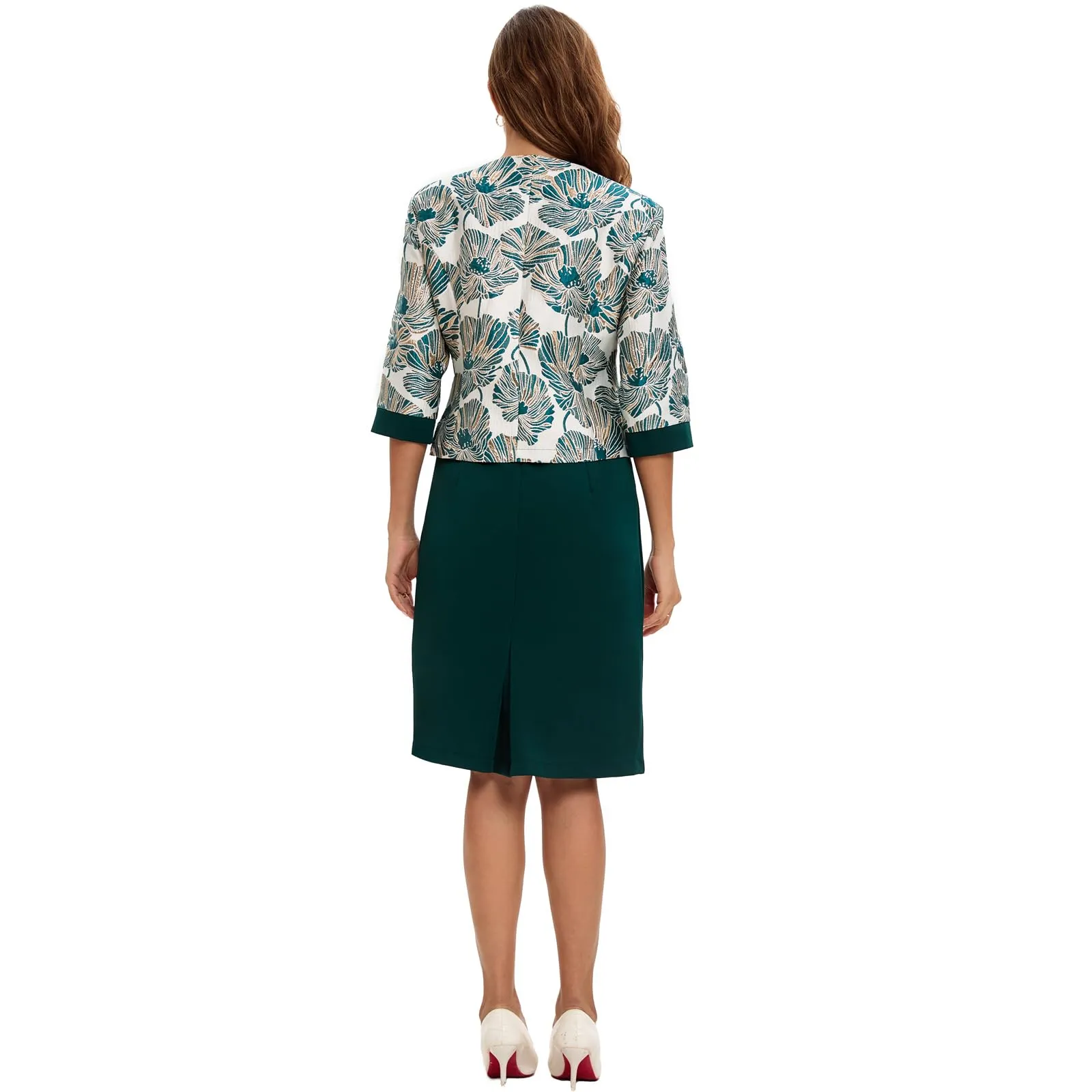 Women's Two Piece Dress Church Suit Mother's Gift Formal Occasion Party Jacquard Embroidery Jacket Church Set Green