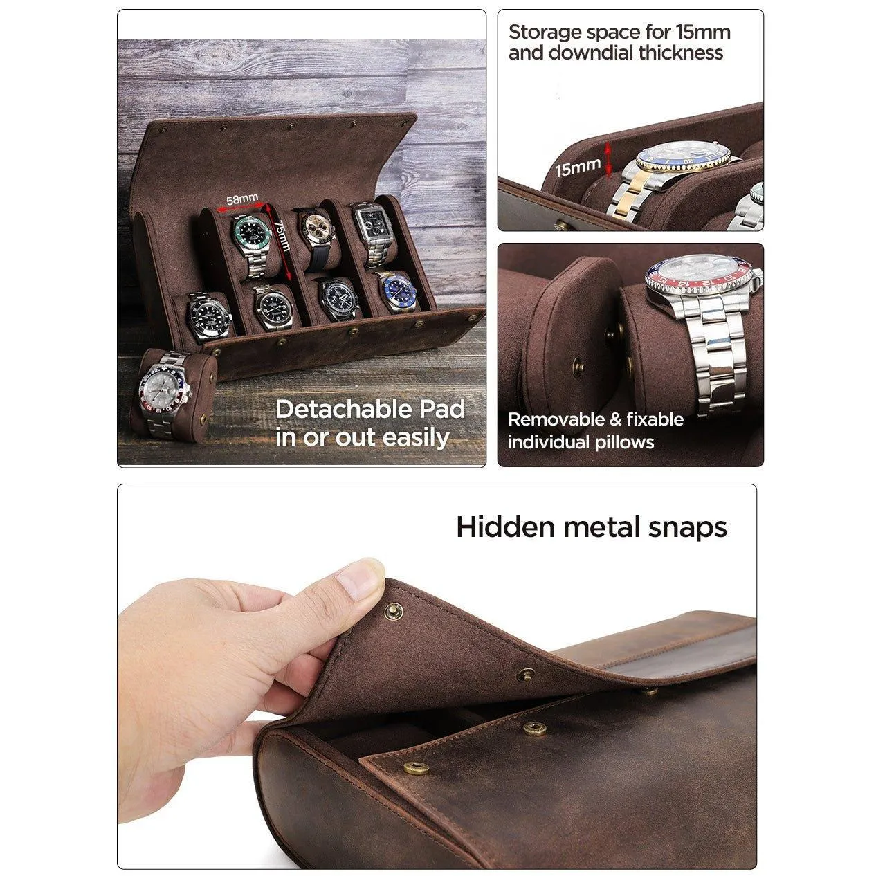 Woosir Vintage Leather Watch Case for 8 Watches