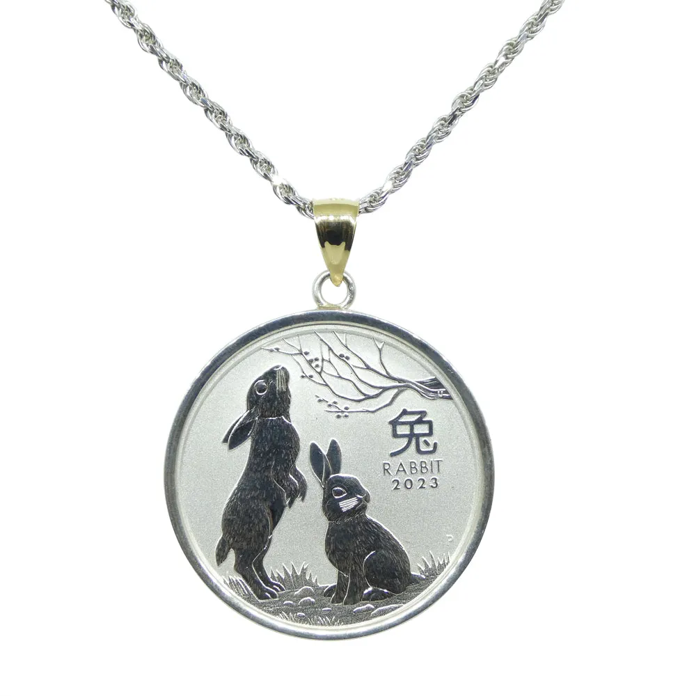 Year of the Rabbit Half Ounce Australian Coin Necklace set in Sterling Silver with a 14k Yellow Gold Bail