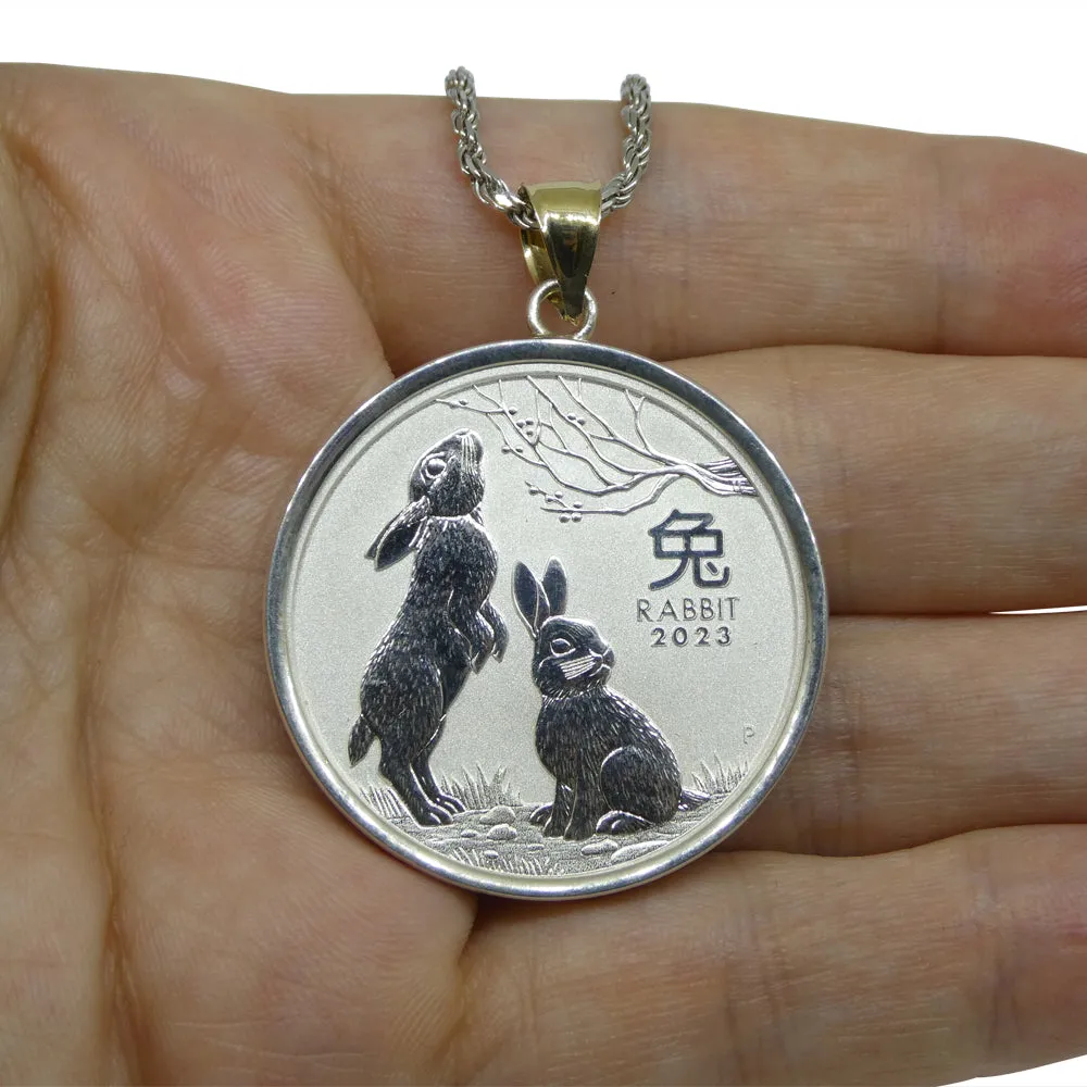 Year of the Rabbit Half Ounce Australian Coin Necklace set in Sterling Silver with a 14k Yellow Gold Bail