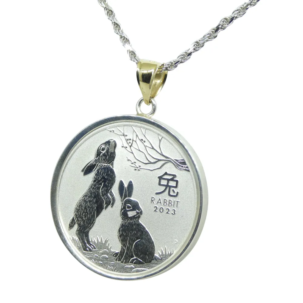 Year of the Rabbit Half Ounce Australian Coin Necklace set in Sterling Silver with a 14k Yellow Gold Bail