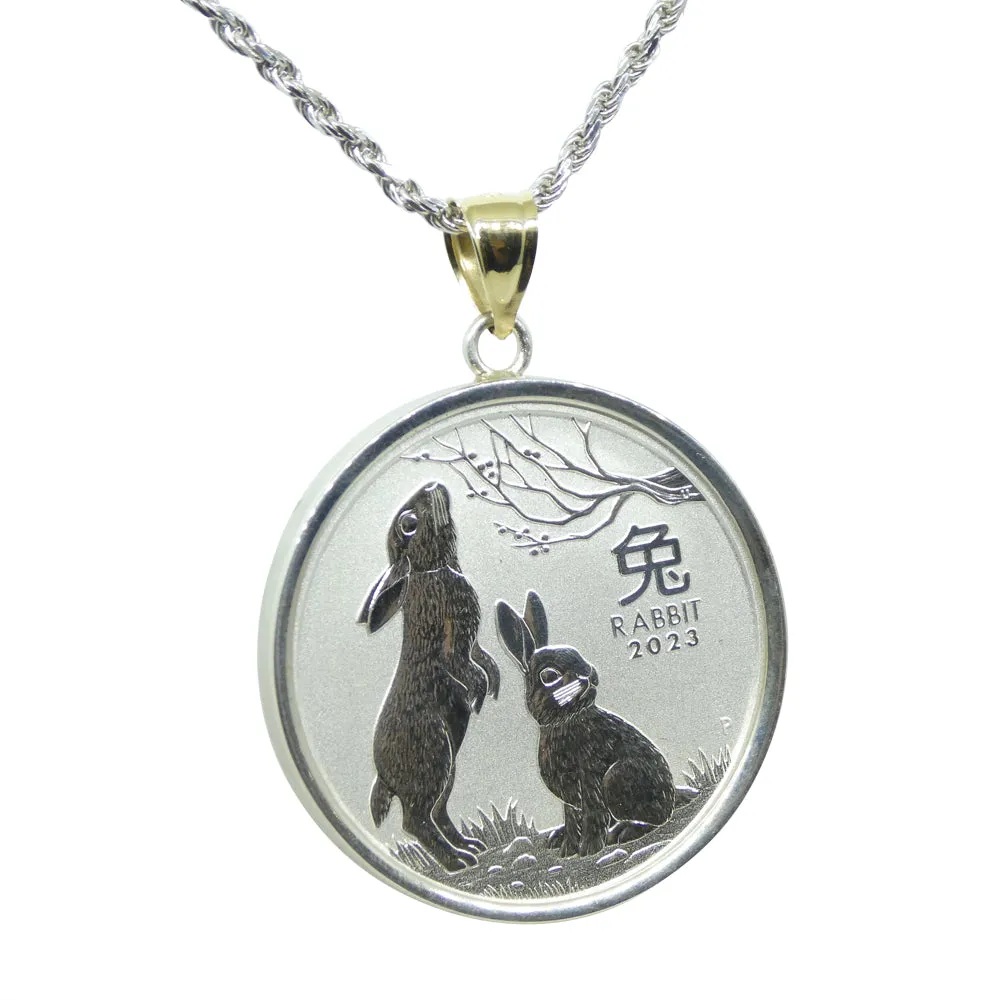 Year of the Rabbit Half Ounce Australian Coin Necklace set in Sterling Silver with a 14k Yellow Gold Bail